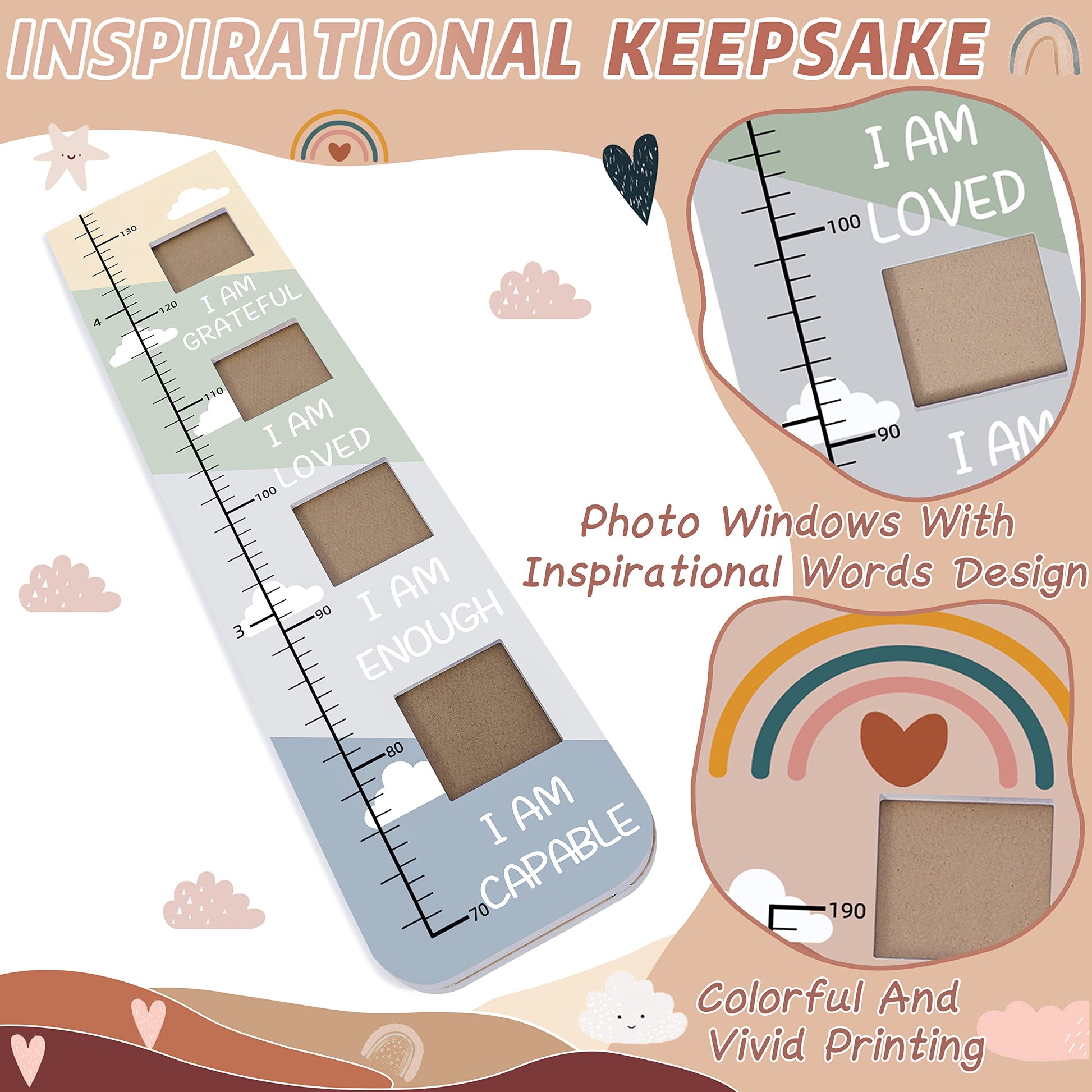 Garybank Solid Wood Growth Chart for Kids with Picture Frames, Height Measurement Ruler Milestone Markers, Foldable Kids Height Wall Chart, Christmas Keepsake Gift for Toddler Boy Girl Room Wall Decor