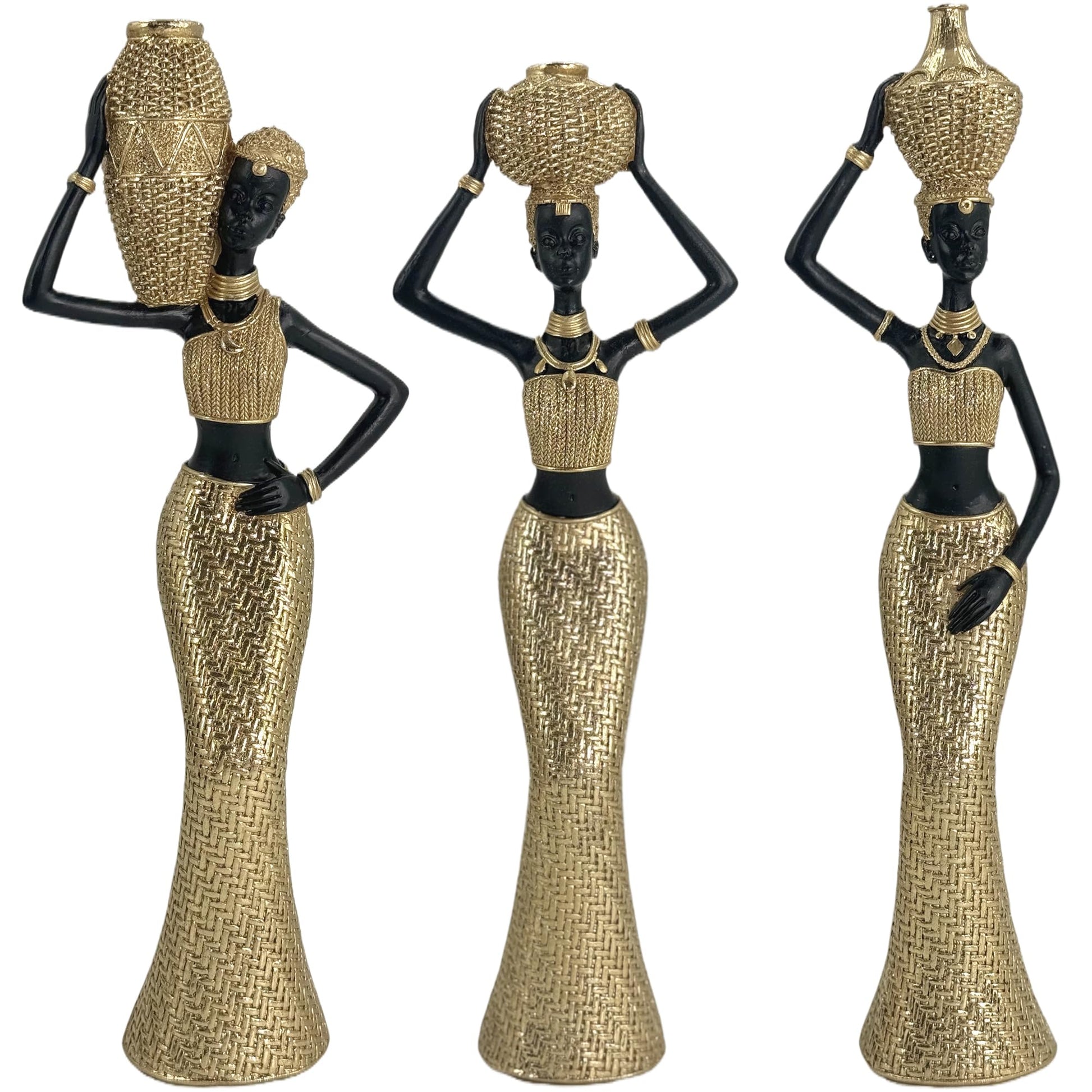 Set of 3 Resin African Woman Statues – Elegant Tribal Figurines in Gold Dresses, Afrocentric Home Decor Sculptures for Living Room, Bookshelf, Gift