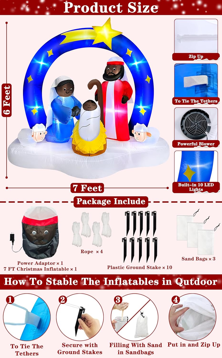 7 FT Long 6 Ft Tall African American Christmas Inflatable Black Nativity Set Built-in LED Lights The Birth of Jesus Scene with Star of Bethlehem Archway Blow up for Yard Garden Xmas Holiday Decor