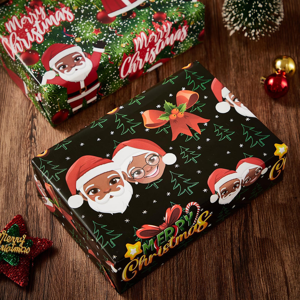 Vnaaem African American Christmas Wrapping Paper Black Holiday Style Gift Wrap Paper Bulk Santa Angel Merry Christmas Element Dsign for Boys Girls Family - 20 X 28 Inches 8 Folded Sheets