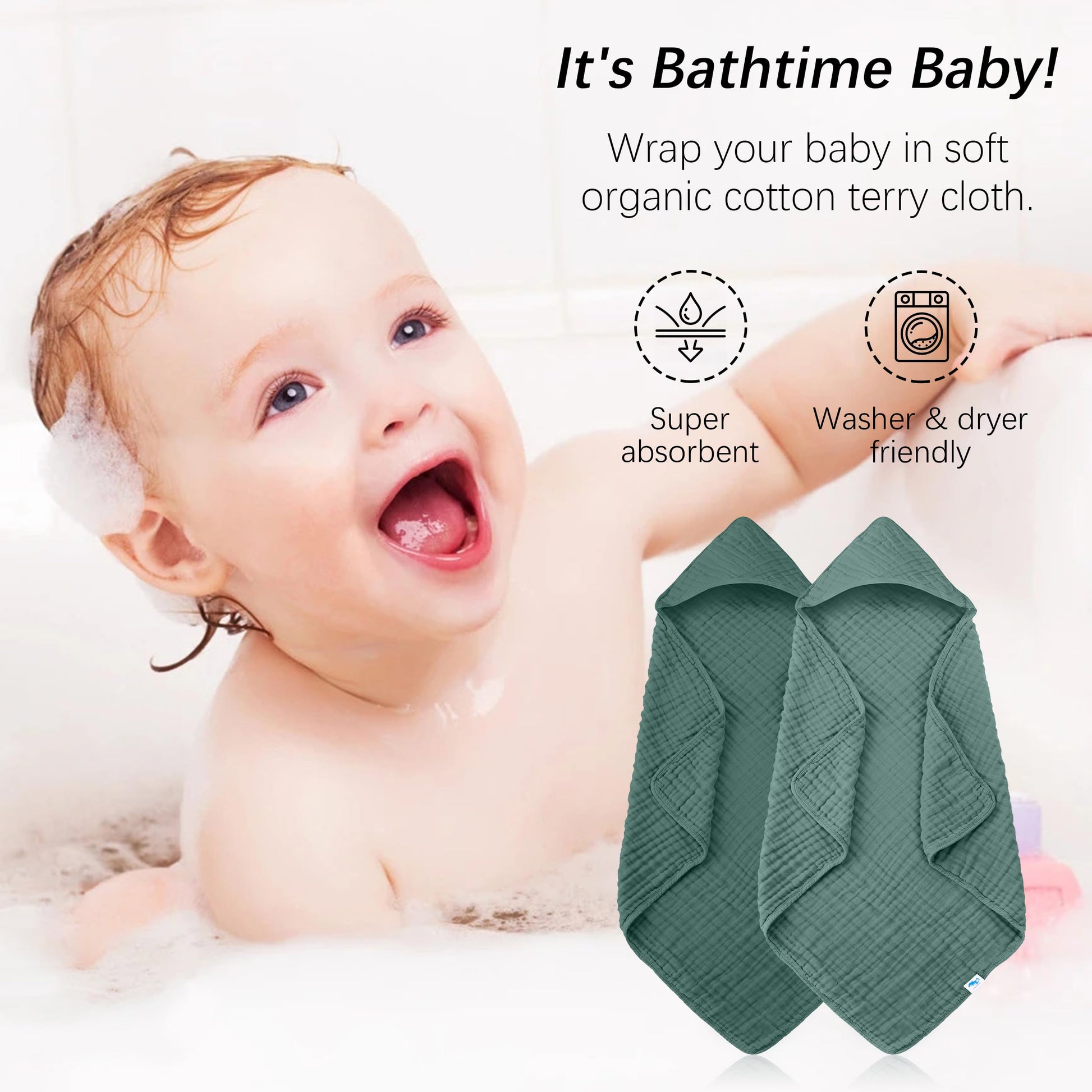 SWEET DOLPHIN Muslin Hooded Baby Bath Towels - 2 Pack 100% Cotton Towel for Babies, Infants, Toddlers - 32x32Inch - Highly Absorbent and Newborn Essential, Light Bean Paste