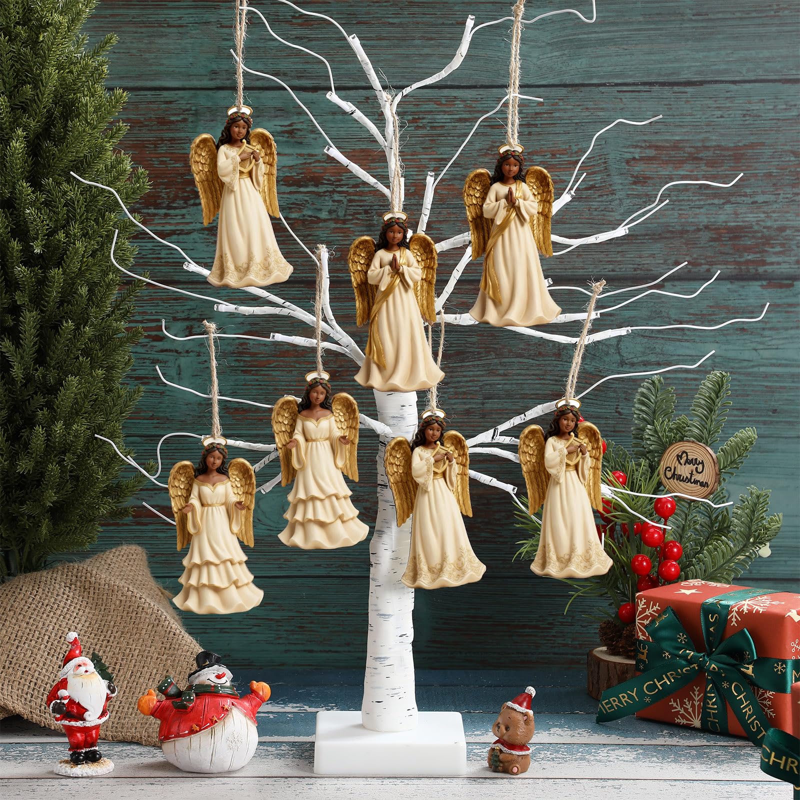 Youyole 24 Pcs Christmas Decoration African American Angel Ornaments with Cardinal Black Angel Ornaments Xmas Wooden Decor Gift for Christmas Tree Fireplace Office Holiday Decor (Wings)