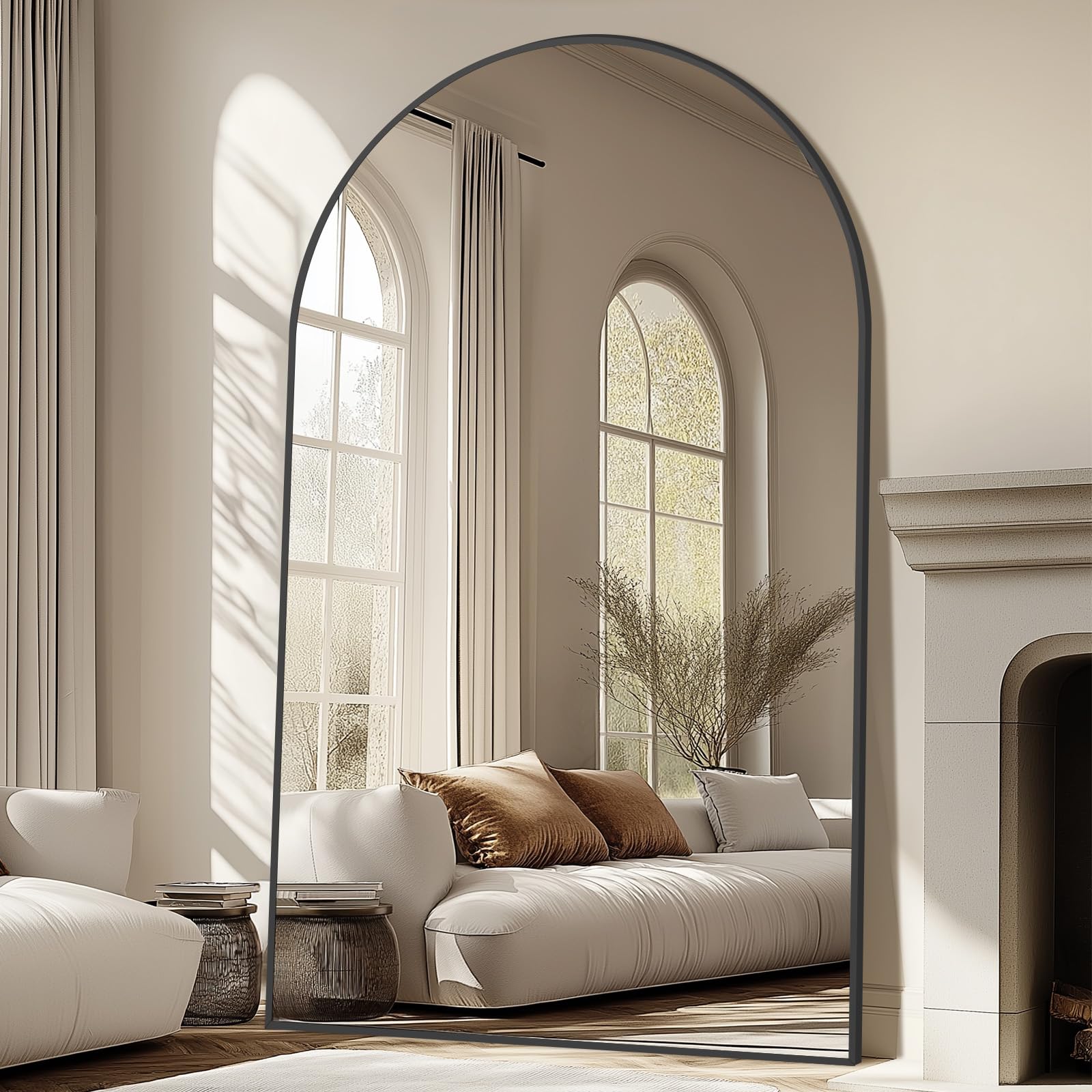Oversized Floor Mirror Full Length with Stand, 72"X44" Extra Large Arch Standing Mirror Full Length, Tempered Glass Black Full Body Mirror for Bedroom Living Room, Aluminum Alloy Frame
