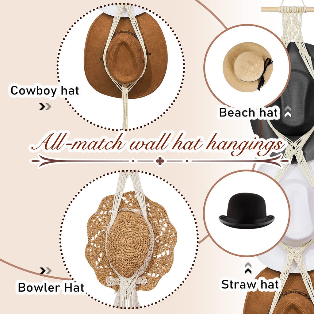 Yulejo Macrame Hat Hangers Boho Hat Rack for Wall Western Cowboy Hanging Organizer for Door Wall Room Bedroom