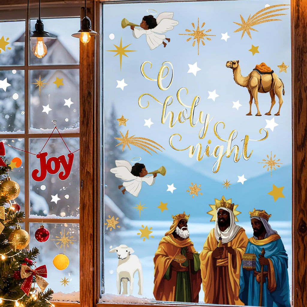 4 Sheets Christmas Window Clings, Double-Sided African American Nativity Scene Window Sticker, Jesus is The Reason for The Season Decals, for Xmas Holiday Home Office Glass Door Window Decorations