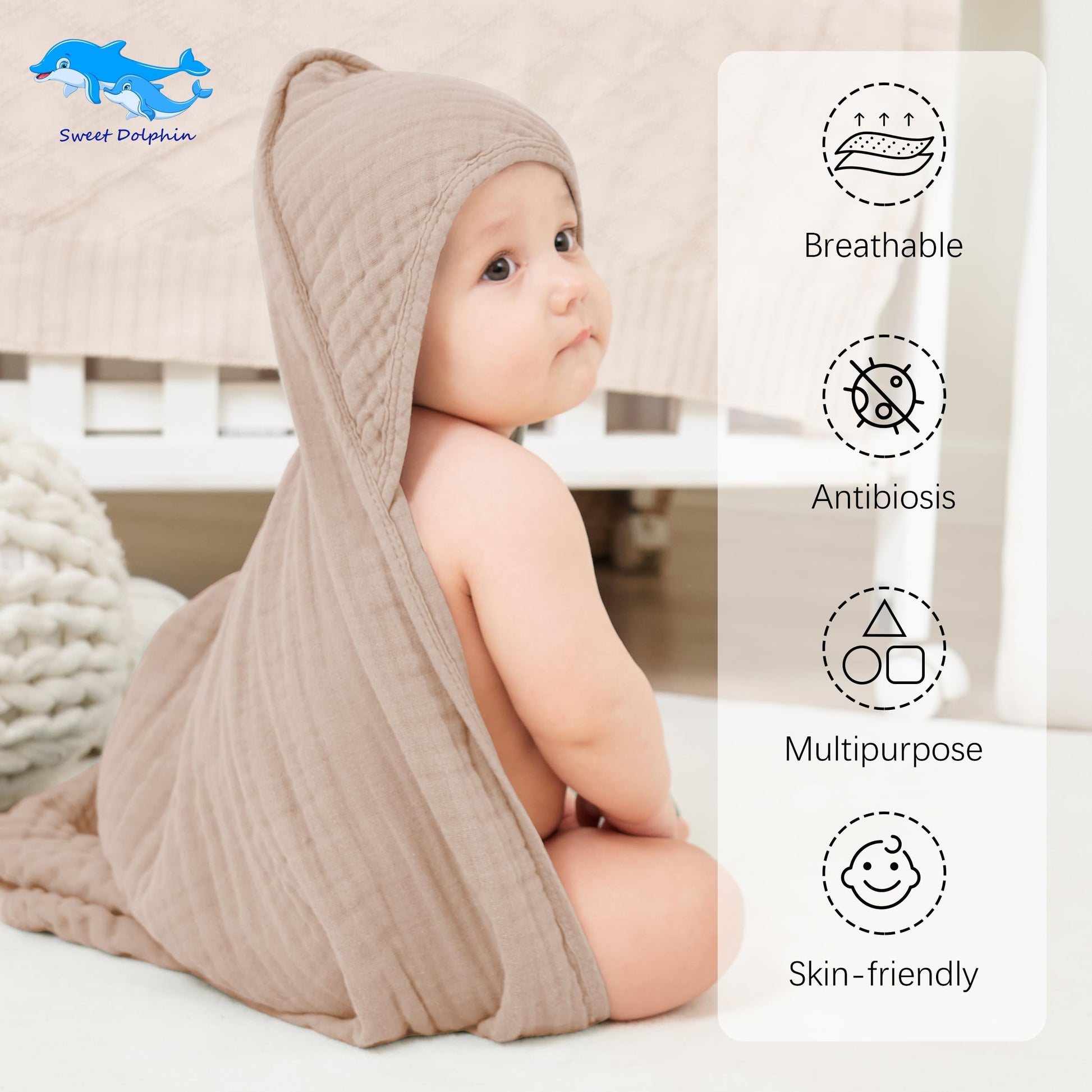 SWEET DOLPHIN Muslin Hooded Baby Bath Towels - 2 Pack 100% Cotton Towel for Babies, Infants, Toddlers - 32x32Inch - Highly Absorbent and Newborn Essential, Light Bean Paste