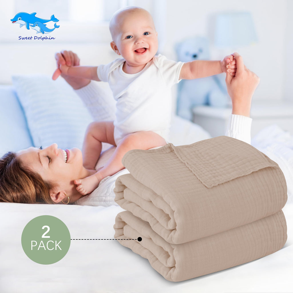SWEET DOLPHIN Muslin Hooded Baby Bath Towels - 2 Pack 100% Cotton Towel for Babies, Infants, Toddlers - 32x32Inch - Highly Absorbent and Newborn Essential, Light Bean Paste