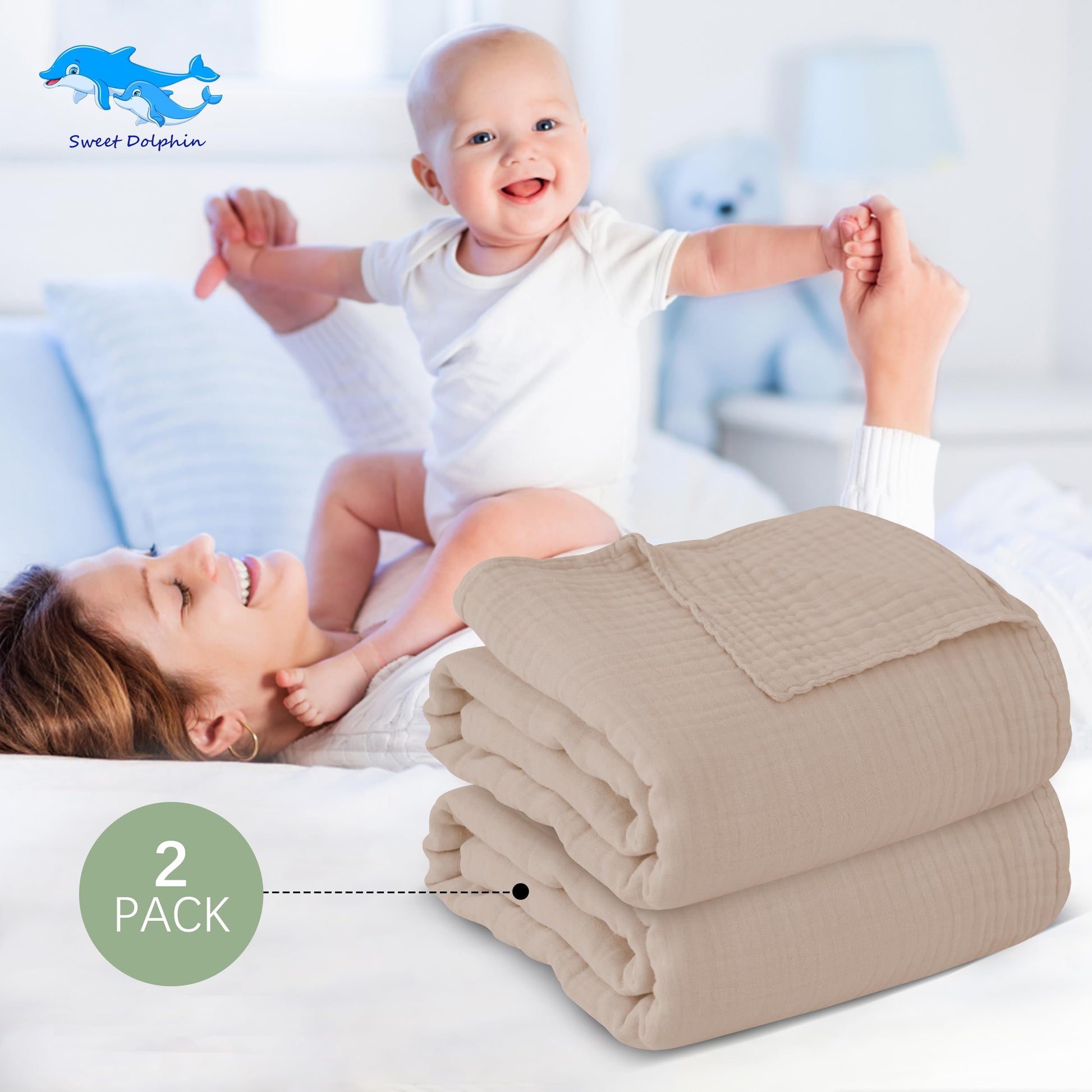 SWEET DOLPHIN Muslin Hooded Baby Bath Towels - 2 Pack 100% Cotton Towel for Babies, Infants, Toddlers - 32x32Inch - Highly Absorbent and Newborn Essential, Light Bean Paste