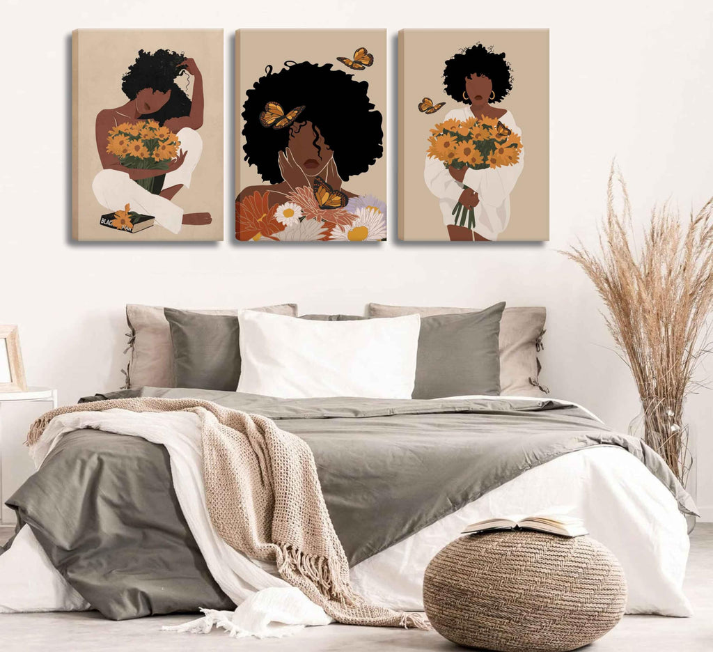 WSTUKVV 3Pcs Black Girl Bathroom Wall Art Boho Black Woman Posters Pictures African American Canvas Prints Fashion Abstract Paintings For Bathroom Home Bedroom Living Room Wall Decor Frame