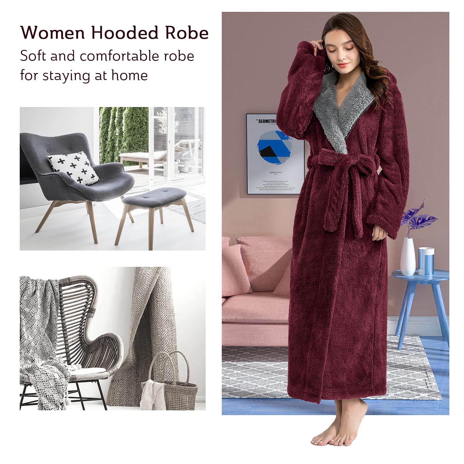 Hellomamma Long Hooded Robe for Women Luxurious Flannel Fleece Full Length Bathrobe Winter Warm Pajamas Shower Nightgown