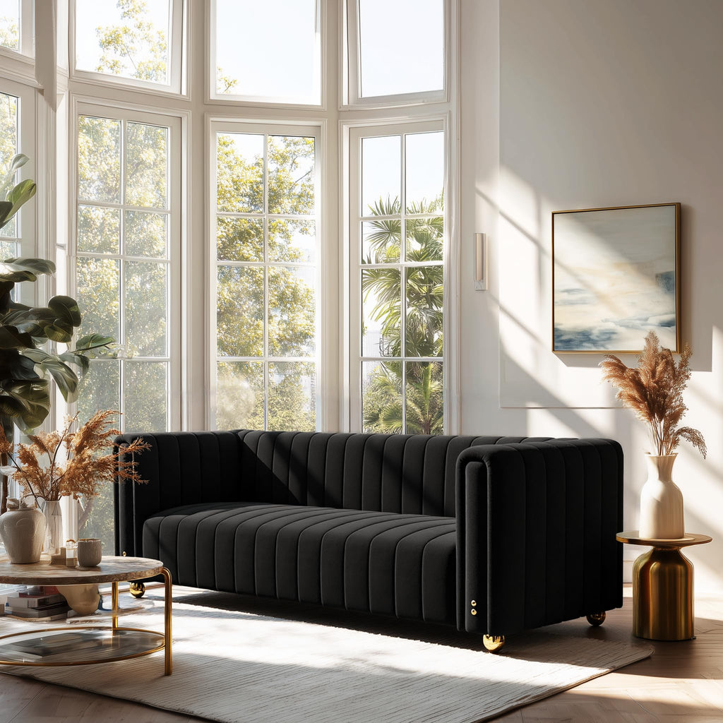 81" W Tufted Velvet Couch,Modern Velvet Sofa with Round Handrails and Metal Legs for Living Room,Office,Apartment (1, Pink)