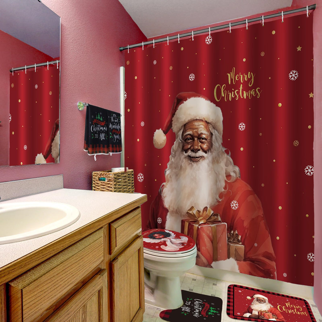 Honoson 8 Pcs Christmas Black Santa Claus Shower Curtain Set with Rugs and Kitchen Towels African American Retro Christmas Bathroom Decor Black Santa Curtain Decorations Xmas Farmhouse Gifts