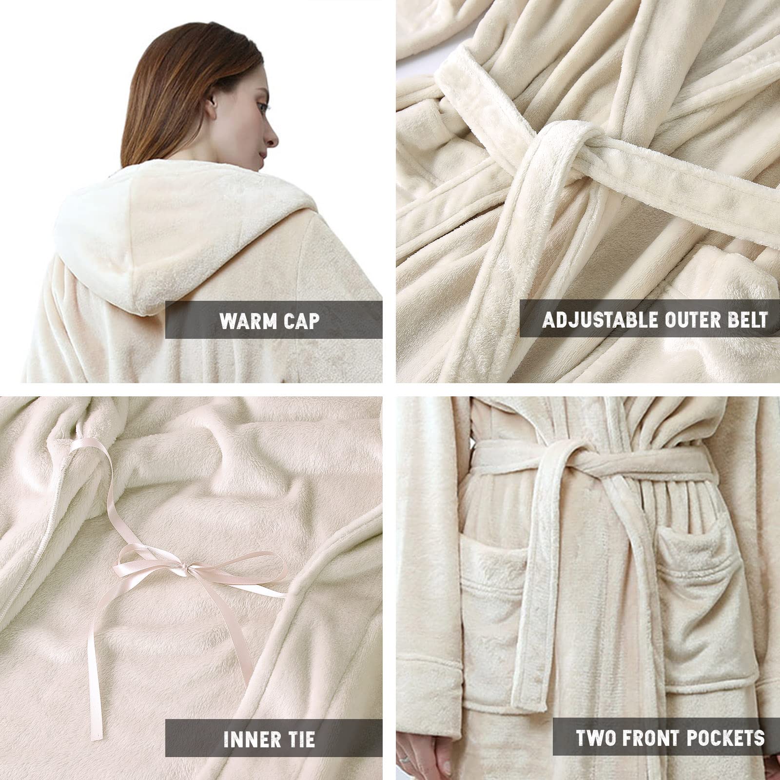 Hellomamma Long Hooded Robe for Women Luxurious Flannel Fleece Full Length Bathrobe Winter Warm Pajamas Shower Nightgown