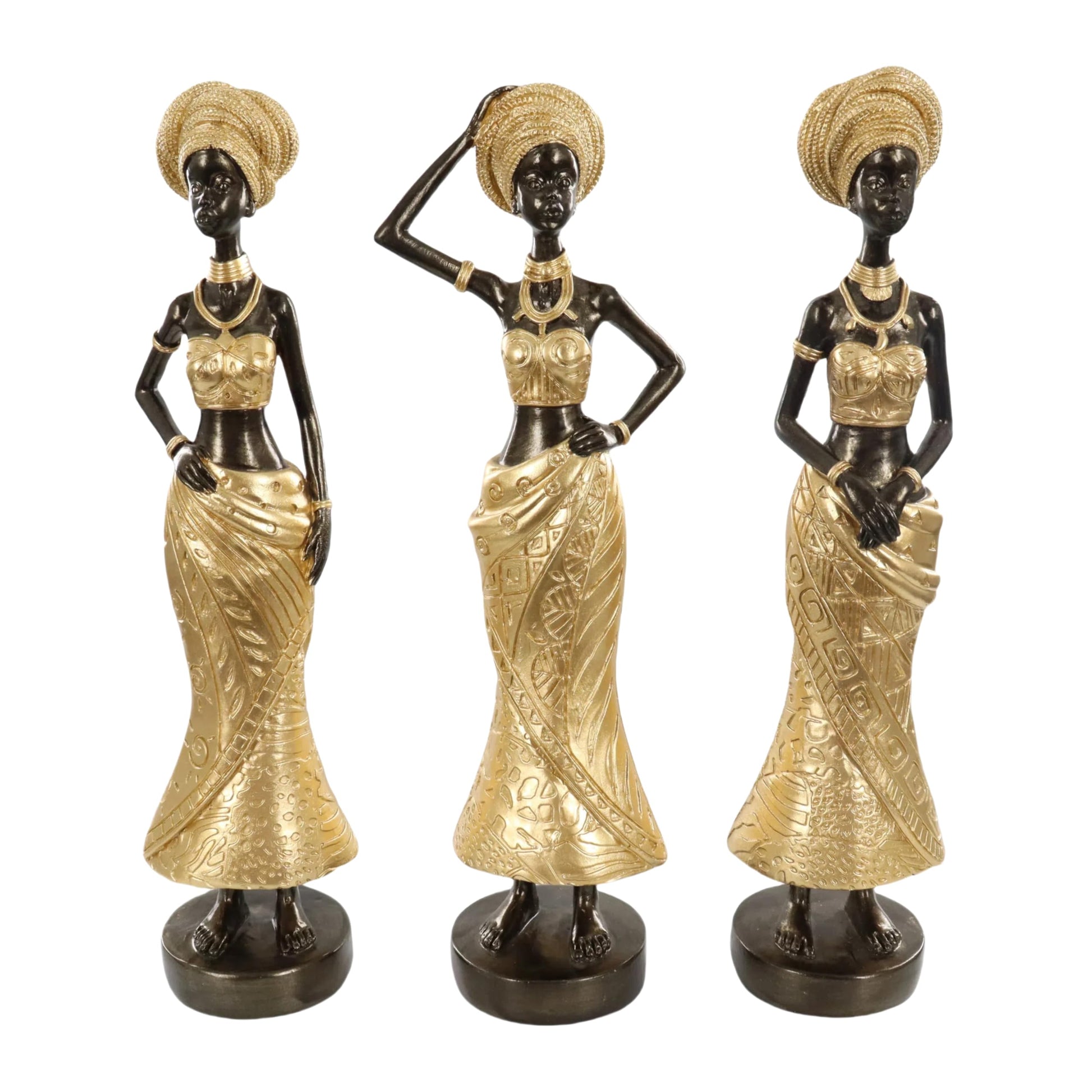 Set of 3 Resin African Woman Statues – Elegant Tribal Figurines in Gold Dresses, Afrocentric Home Decor Sculptures for Living Room, Bookshelf, Gift