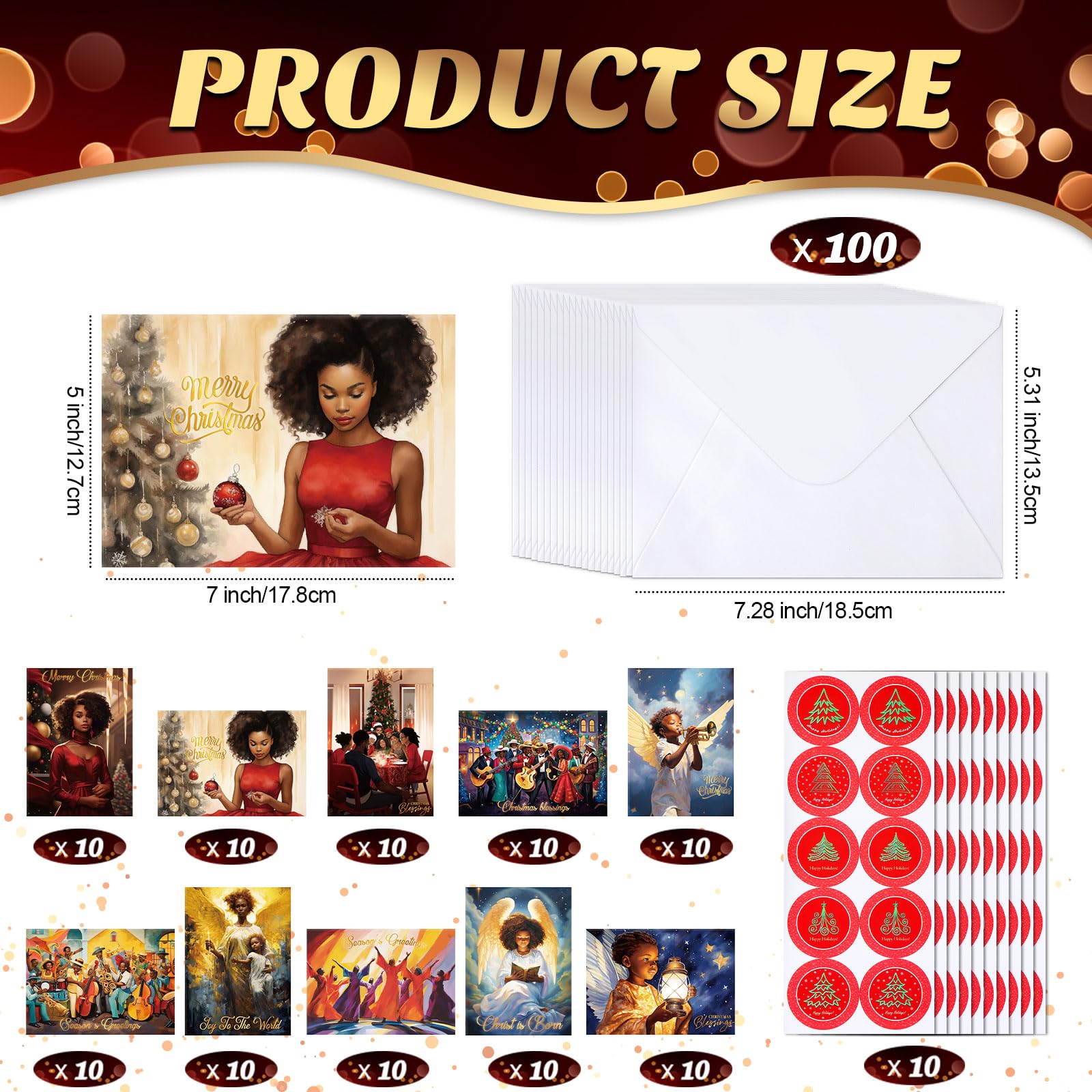 Zhanmai 100 Sets Black Christmas Cards African American Black Religious Cards with Envelopes for Christmas Supplies(Vintage)