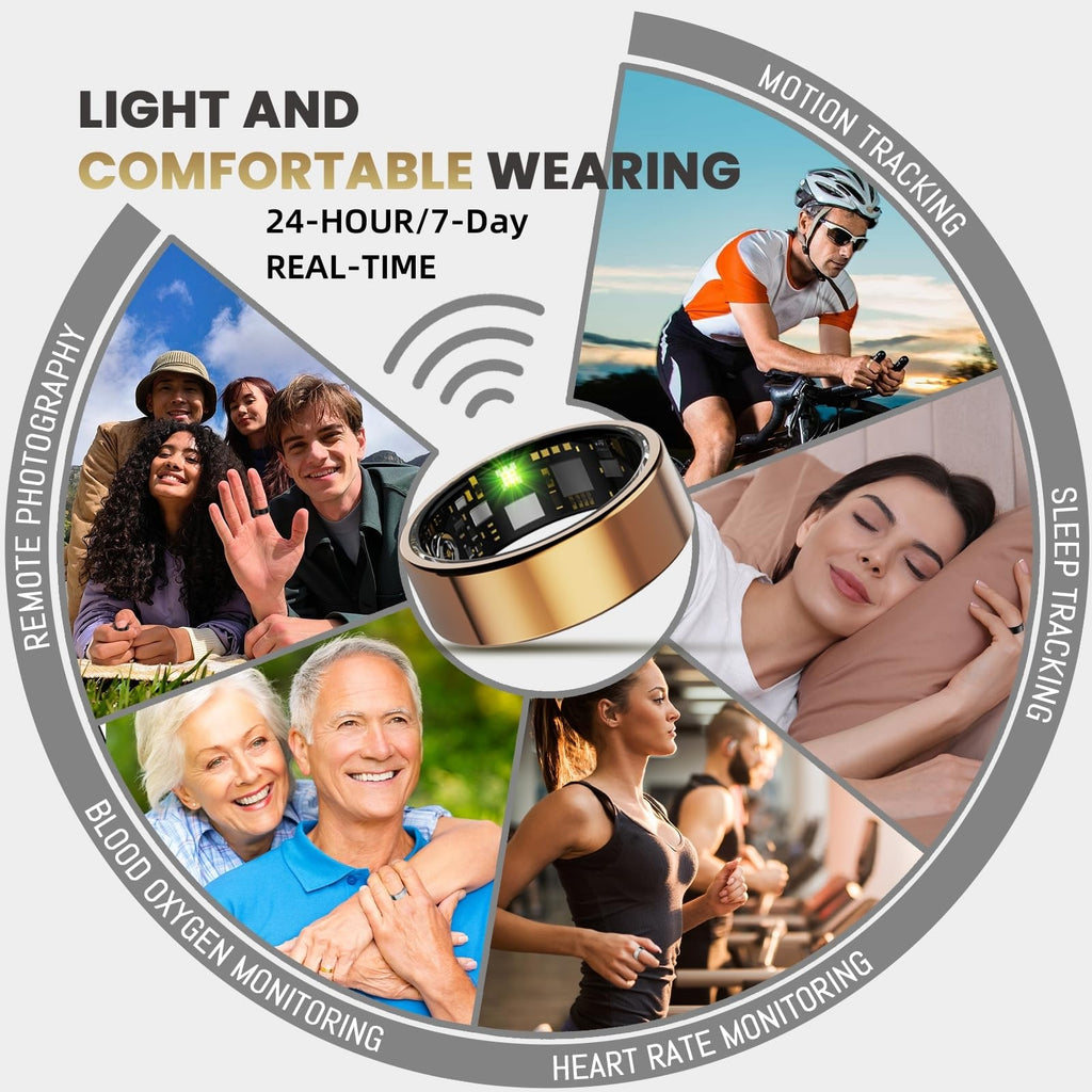 Smart Ring for Women Men, Health Tracker with Heart Rate/Blood Oxygen/Blood Pressure/Sleep Monitoring/Step Counting, IP68 Waterproof Fitness Ring, No App Fees for iPhone & Android (Black, 8#)