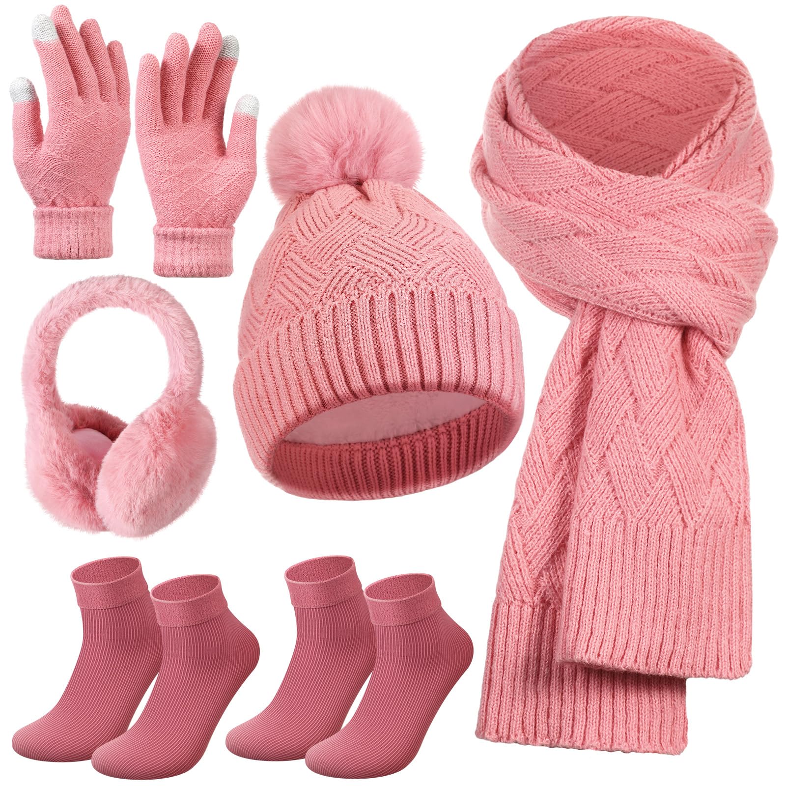 Geyoga 6 Pcs Winter Warm Set for Women Warm Beanies Hats Touchscreen Gloves Long Scarf Ear Muffs Socks Winter Gifts for Women