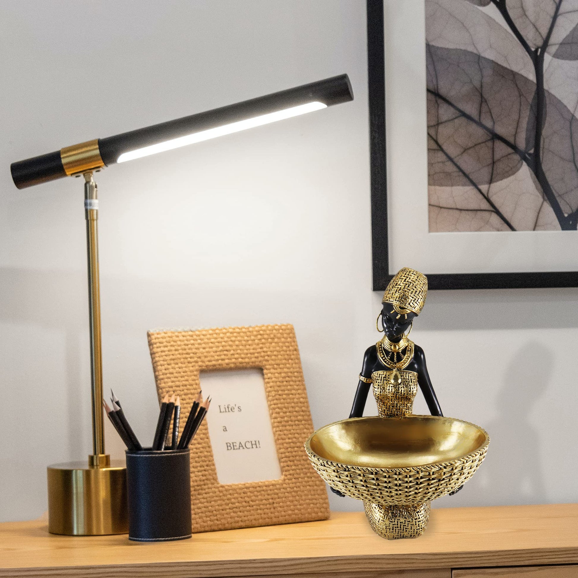 Handmade African Tribal Woman Sculpture - Gold Adorned Seated Figure with Basket, Vintage Resin Statue for Home Decor, Unique Housewarming Gift for Shelf/Table (9.65" H)