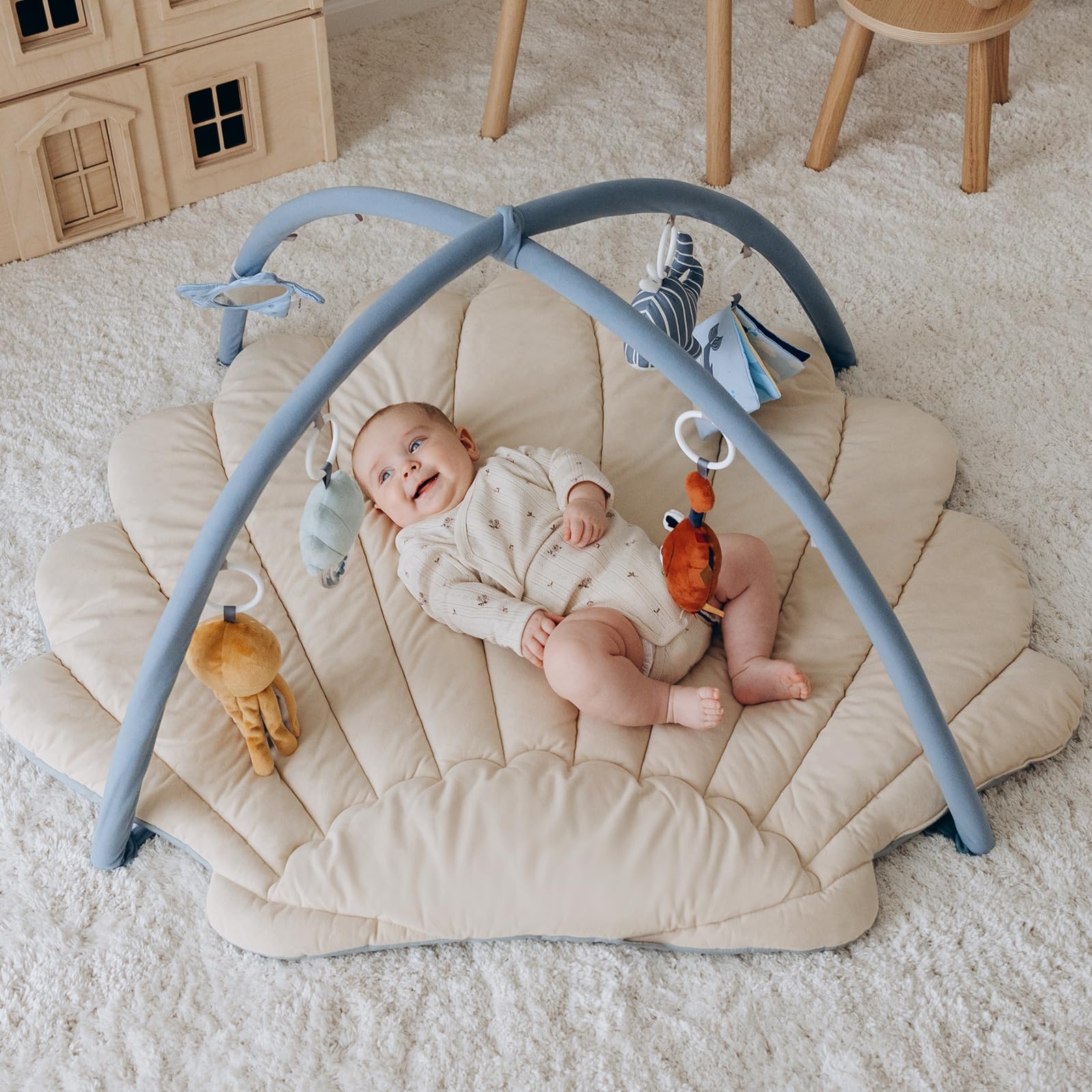 Blissful Diary Baby Play Gym & Activity Mat, Oversize Leaf Shaped Baby Play Mat w 6 Detachable Toys, Tummy Time Mat Promote Motor Skills & Sensory Development Mat, Newborn Infant Baby Essentials Gift
