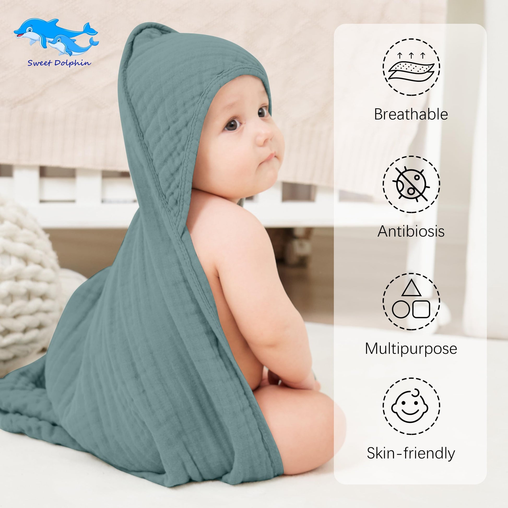 SWEET DOLPHIN Muslin Hooded Baby Bath Towels - 2 Pack 100% Cotton Towel for Babies, Infants, Toddlers - 32x32Inch - Highly Absorbent and Newborn Essential, Light Bean Paste