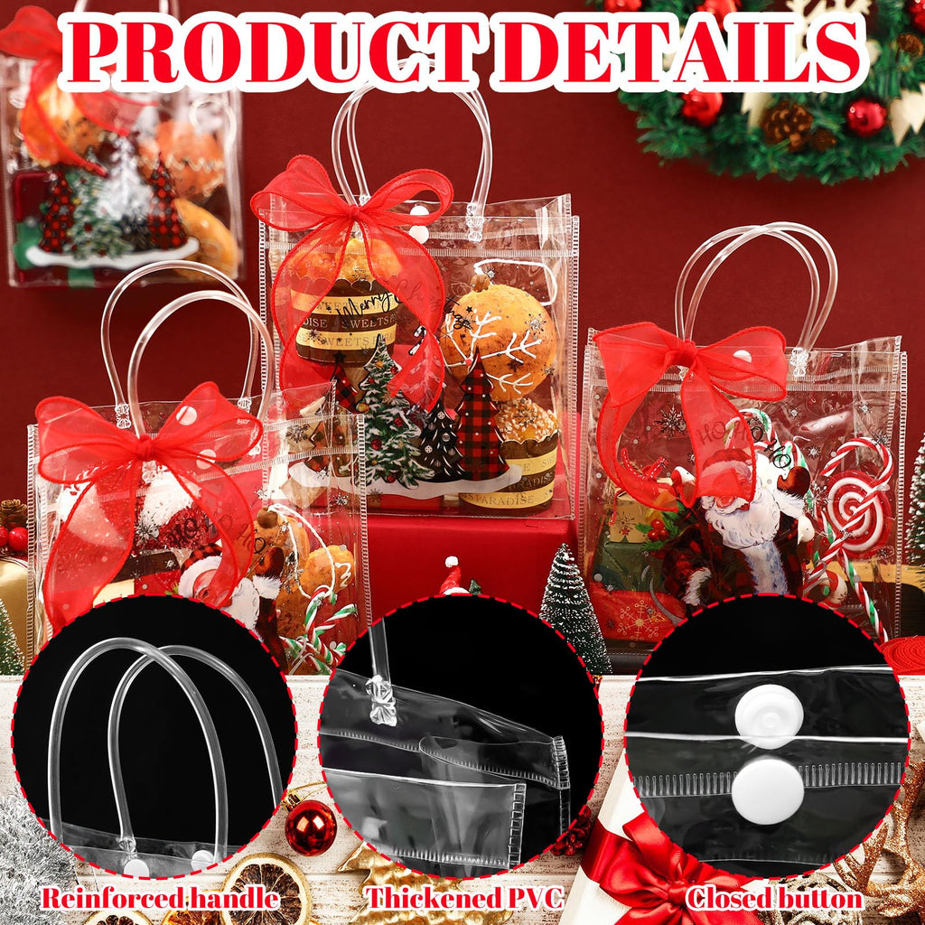 Motipuns 24 Pcs Christmas Clear PVC Gift Bags with Handles and Ribbon African American Black Santa Claus Party Favor Reusable Plastic Candy Treat Tote Bags for Merry New year Xmas Birthday Supplies