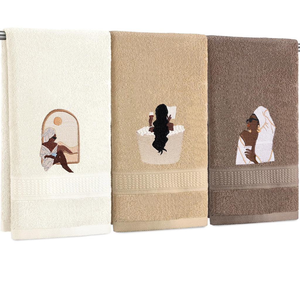 3 Pcs African Woman Hand Towels Black Girl African American Bathroom Home Decor Boho Decorative Farmhouse 100% Cotton Embroidered Towels for Bathroom Kitchen 13. 3 x 29. 5''