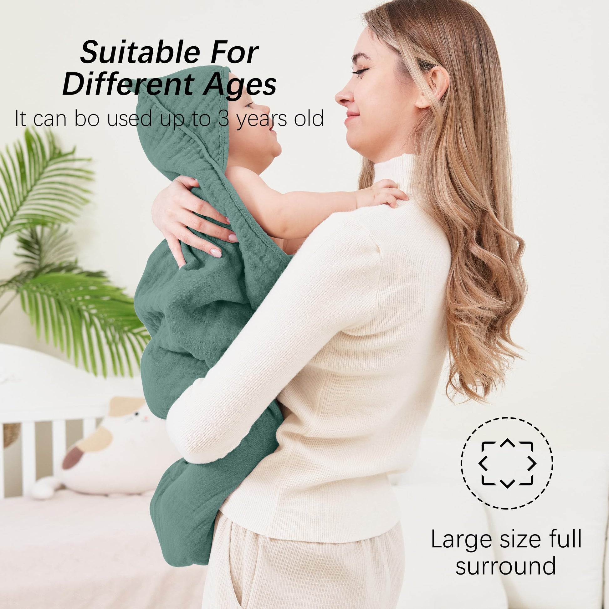 SWEET DOLPHIN Muslin Hooded Baby Bath Towels - 2 Pack 100% Cotton Towel for Babies, Infants, Toddlers - 32x32Inch - Highly Absorbent and Newborn Essential, Light Bean Paste