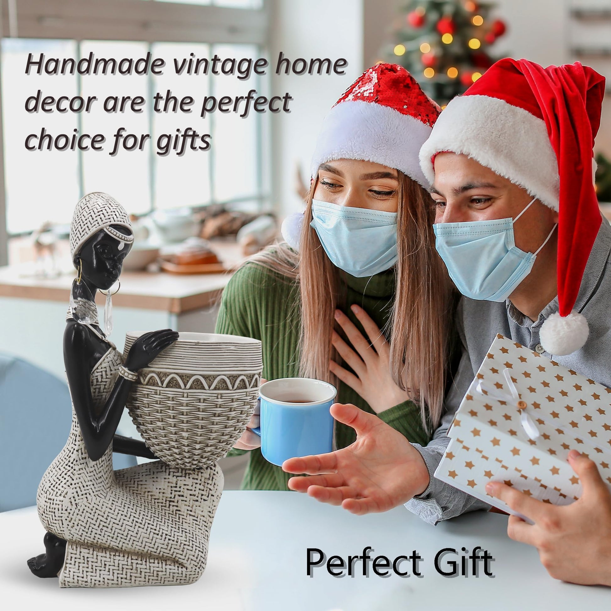 Handmade African Tribal Woman Sculpture - Gold Adorned Seated Figure with Basket, Vintage Resin Statue for Home Decor, Unique Housewarming Gift for Shelf/Table (9.65" H)