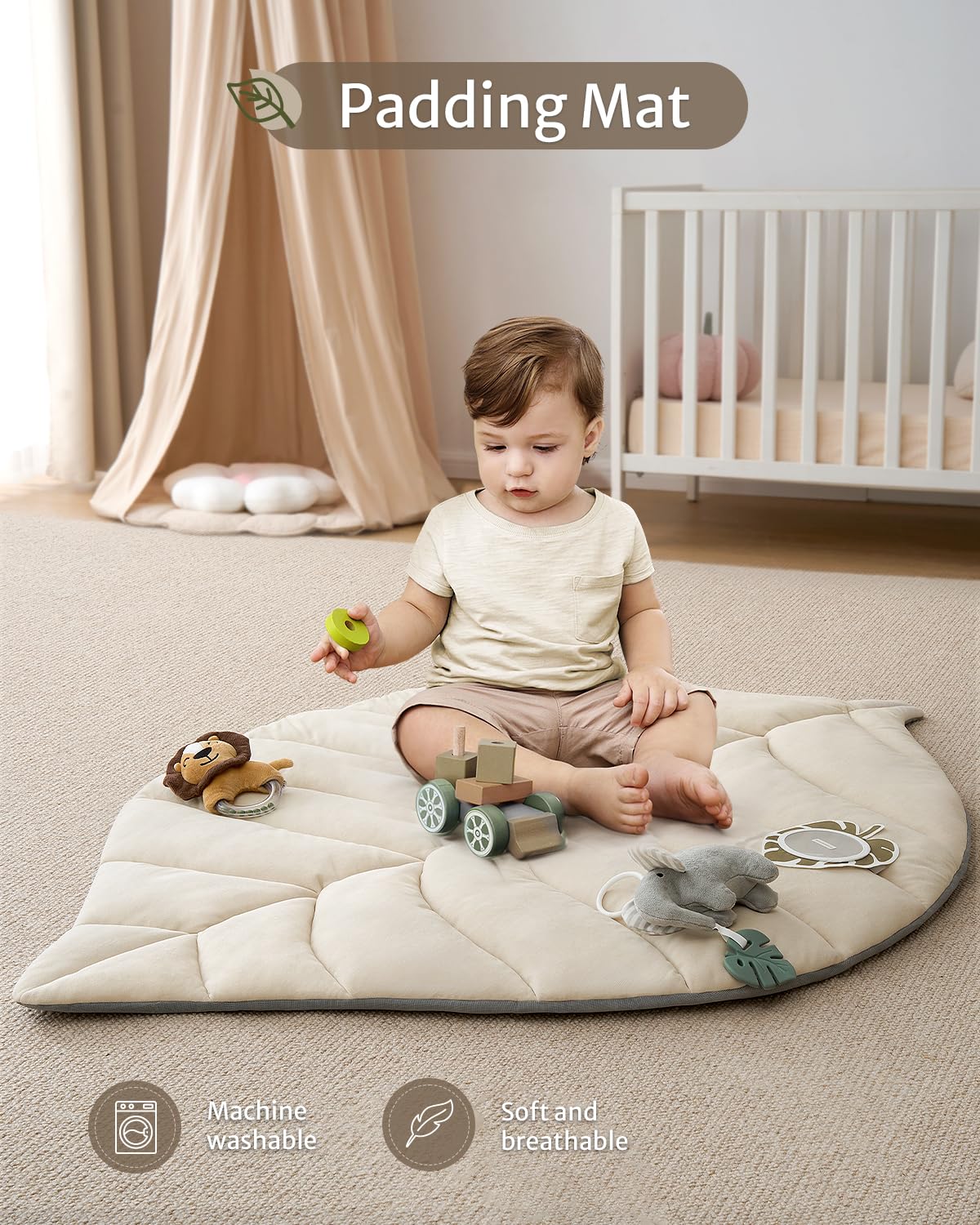 Blissful Diary Baby Play Gym & Activity Mat, Oversize Leaf Shaped Baby Play Mat w 6 Detachable Toys, Tummy Time Mat Promote Motor Skills & Sensory Development Mat, Newborn Infant Baby Essentials Gift