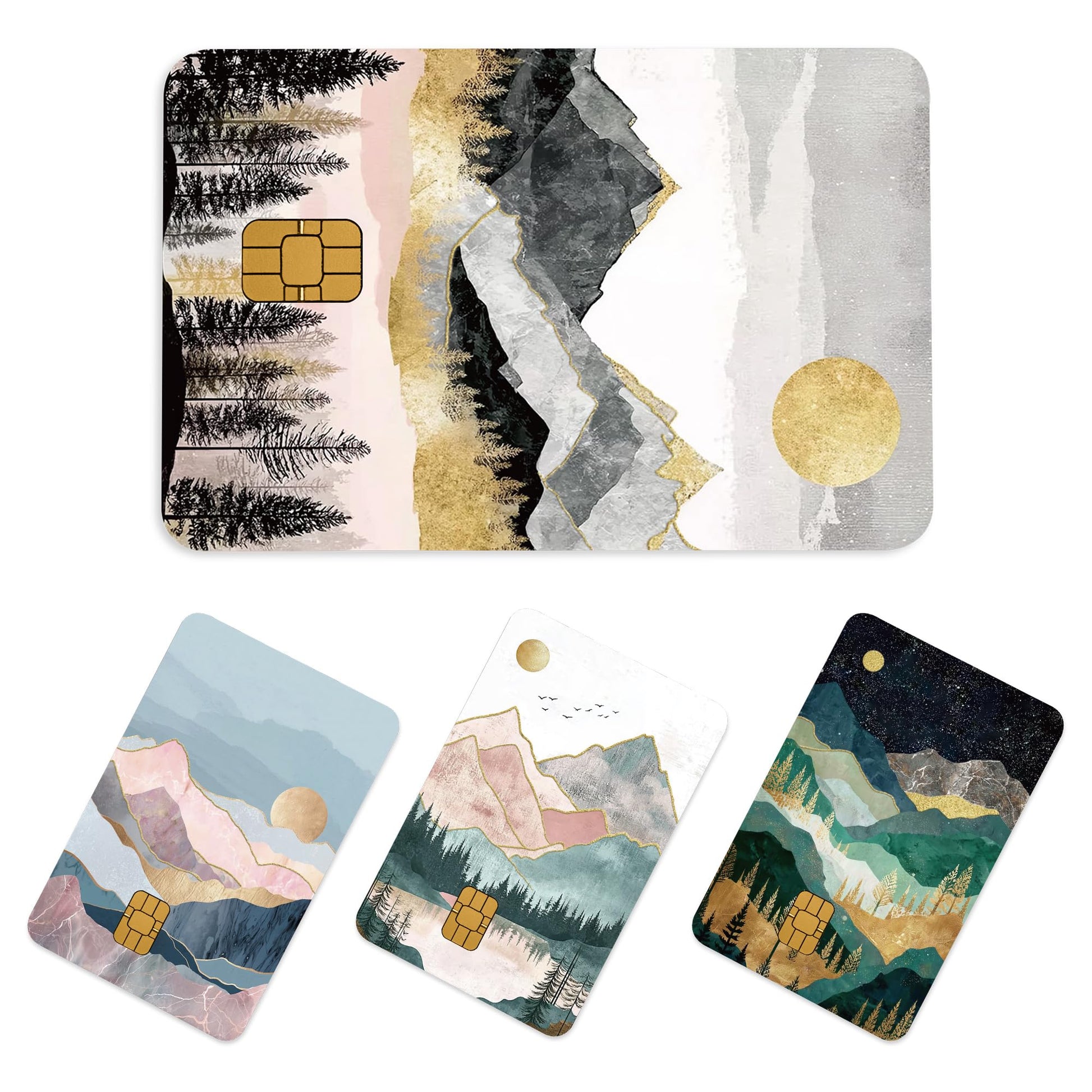 Credit Card Skin Stickers: 4PCS Scenic Mountain Debit Card Skins, Chinoiserie Landscape Cards Covers with Chip Cutout, Waterproof Removable Sticker Wraps for Bank Transportation Key Cards