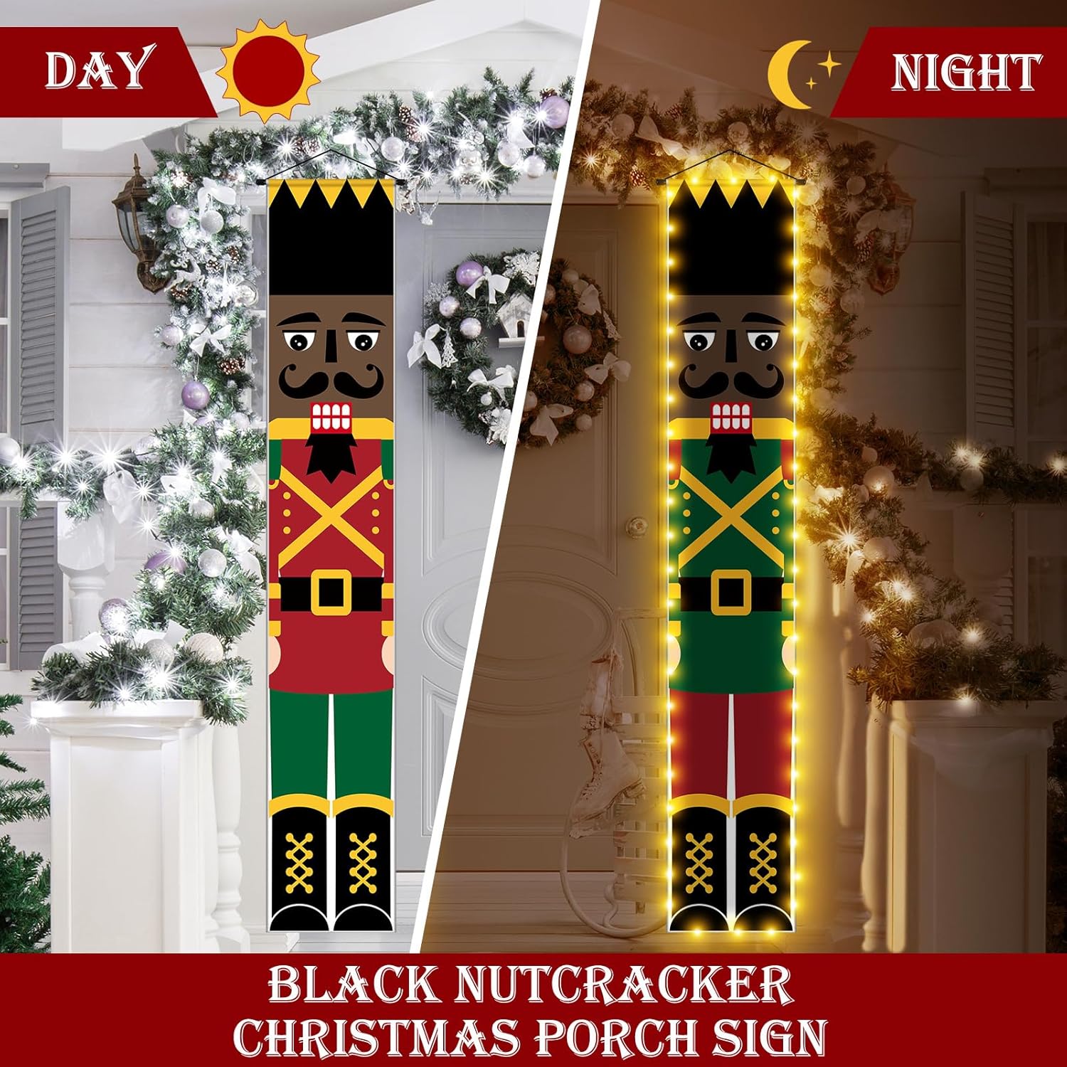 2 Pcs LED Black Soldier Christmas Decorations Outdoor African American Door Banners Tall Soldier Banners Xmas Decor for Home Front Porch Garden Yard Holiday Party