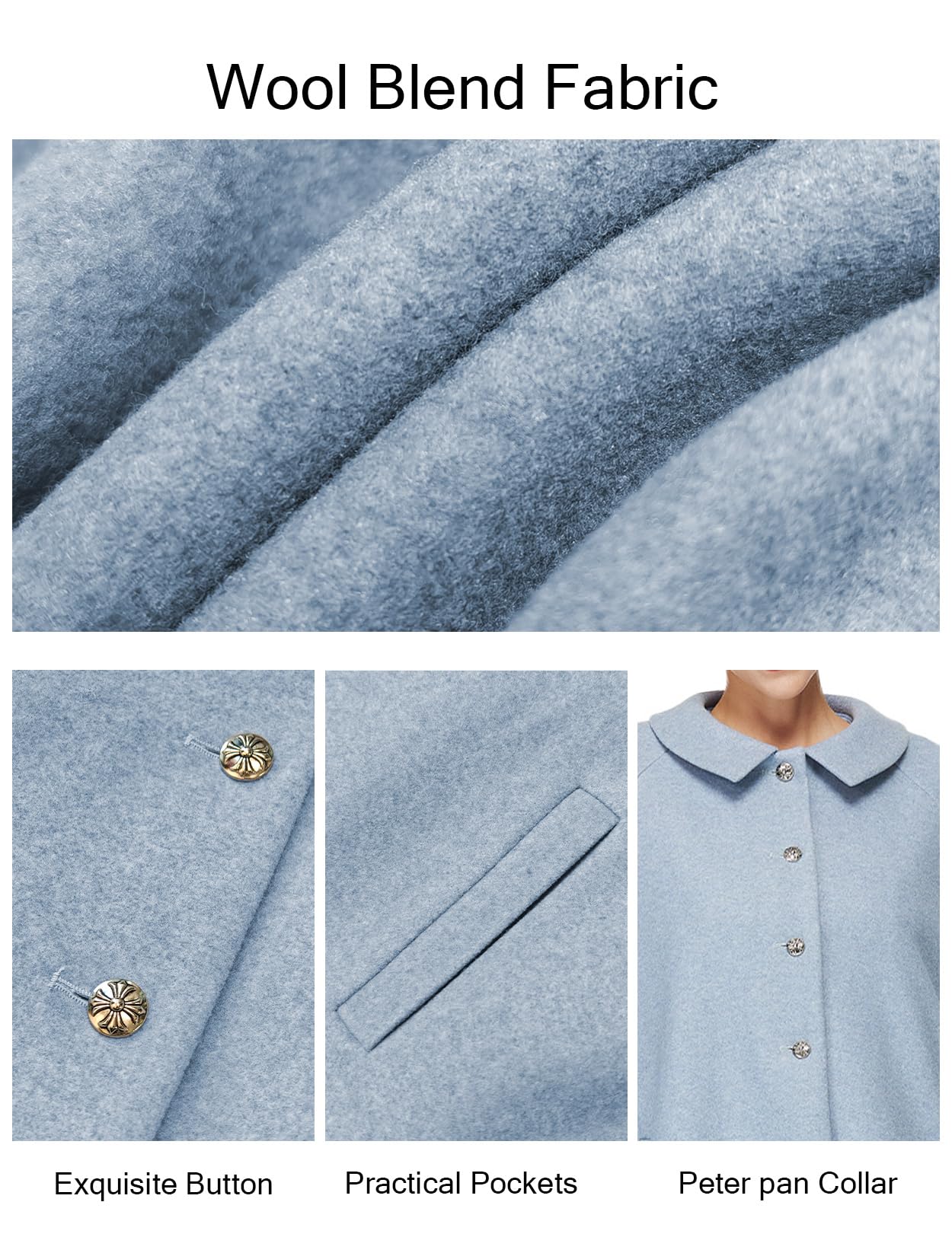 Women Wool Blend Single-Breasted Cape Coat Vintage Jacket Outwear with Pockets for Fall Winter