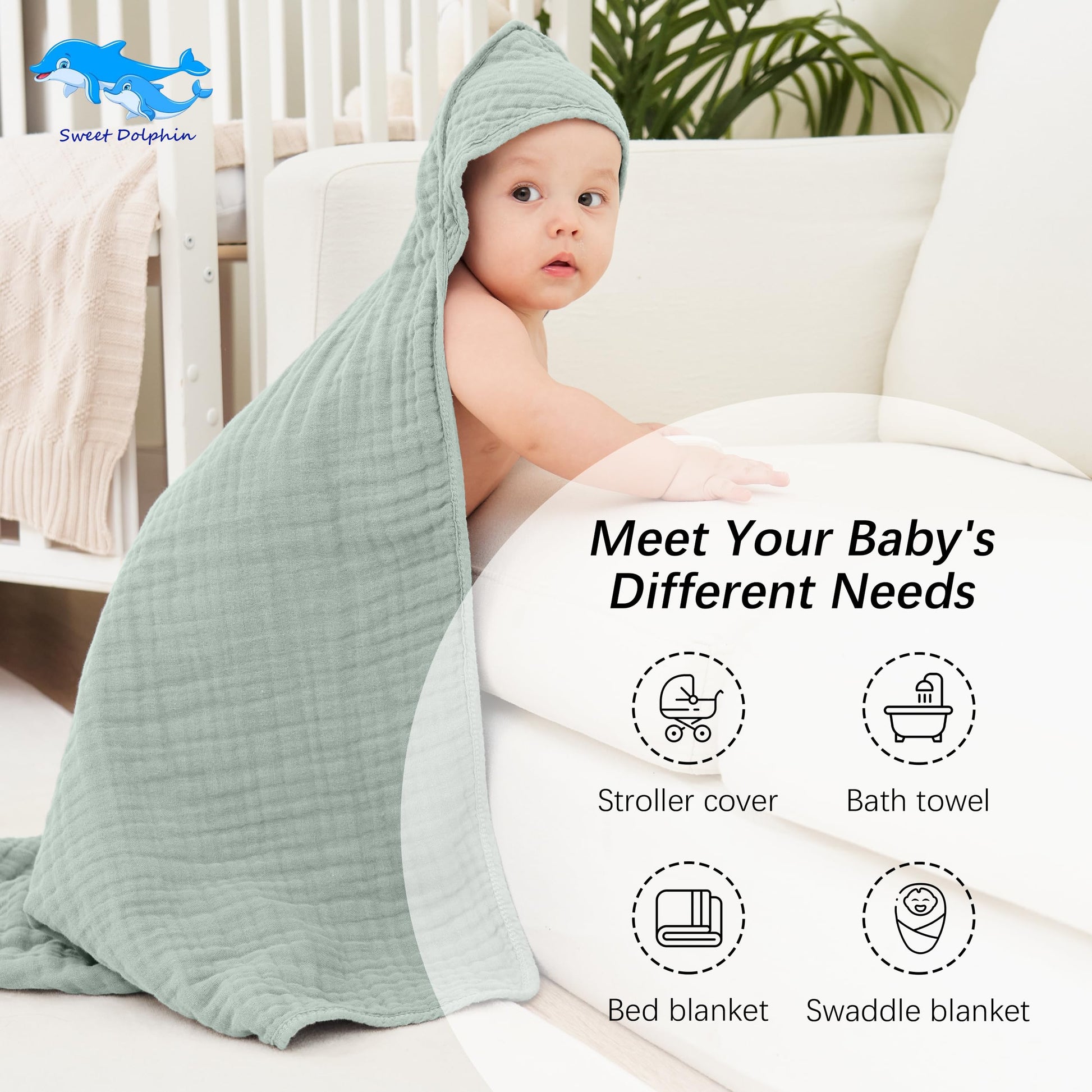 SWEET DOLPHIN Muslin Hooded Baby Bath Towels - 2 Pack 100% Cotton Towel for Babies, Infants, Toddlers - 32x32Inch - Highly Absorbent and Newborn Essential, Light Bean Paste