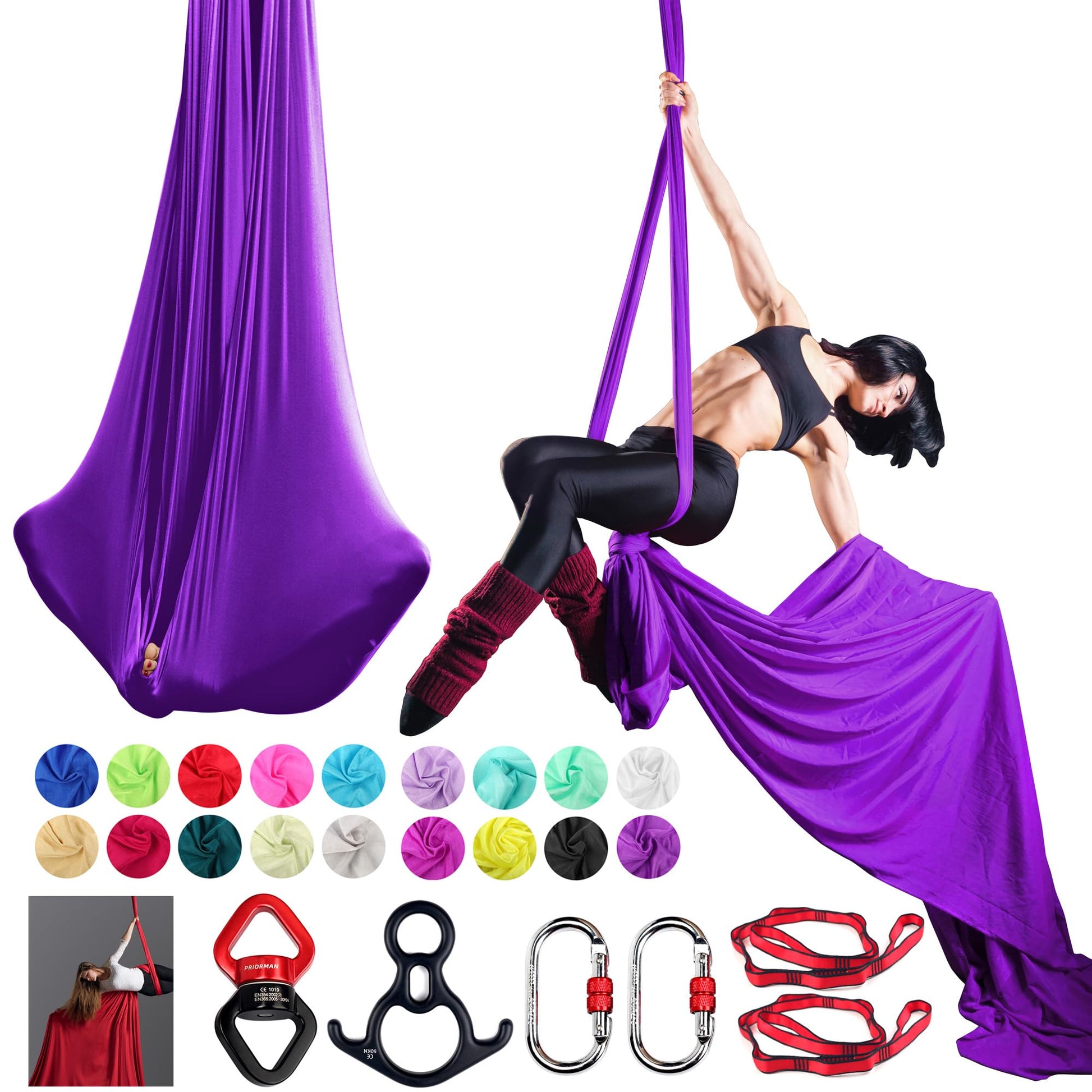 Aerial Silks Set, Premium Ariel Yoga Hammock 9 Yards Aerial Silk, Low-Stretch Fabric, Yoga Starter Kit for Home, Aerial Rig for All Skill Levels - All Hardware Included