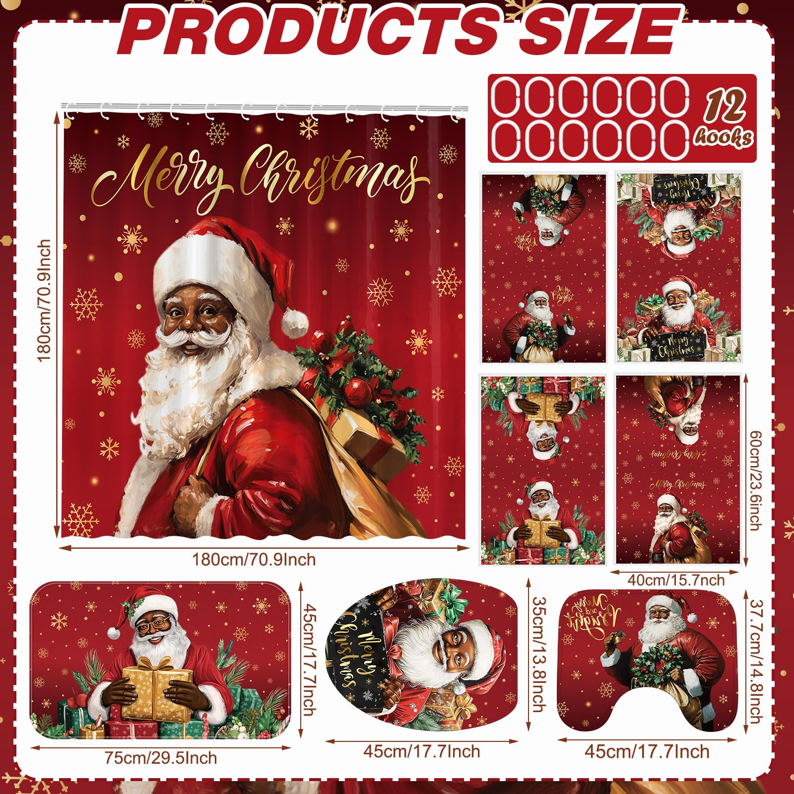 Honoson 8 Pcs Christmas Black Santa Claus Shower Curtain Set with Rugs and Kitchen Towels African American Retro Christmas Bathroom Decor Black Santa Curtain Decorations Xmas Farmhouse Gifts