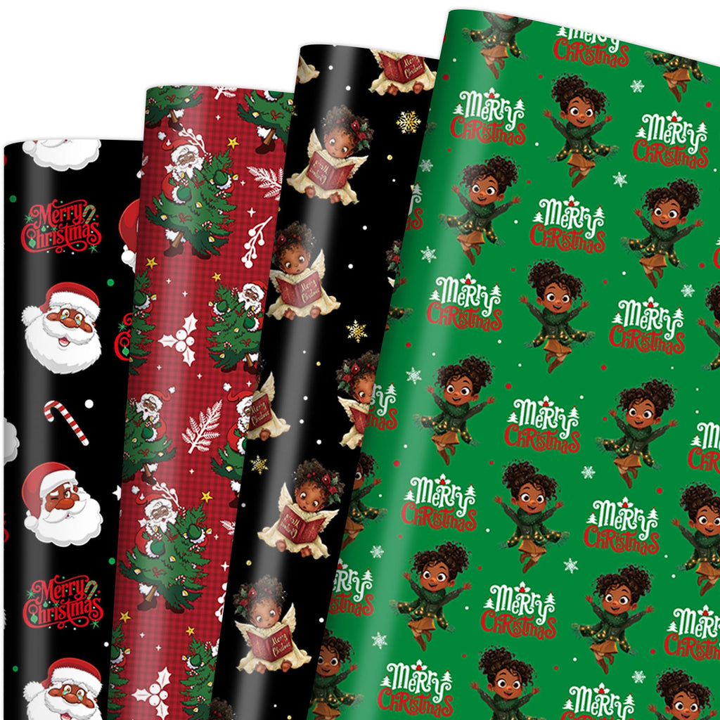 CRASHOT Christmas Wrapping Paper - 12 Sheet Black Girl Gift Wrapping Paper, Xmas Tree Santa Design for Party Birthday Holiday (Not Roll, 19.7 x 27.6 Inch)