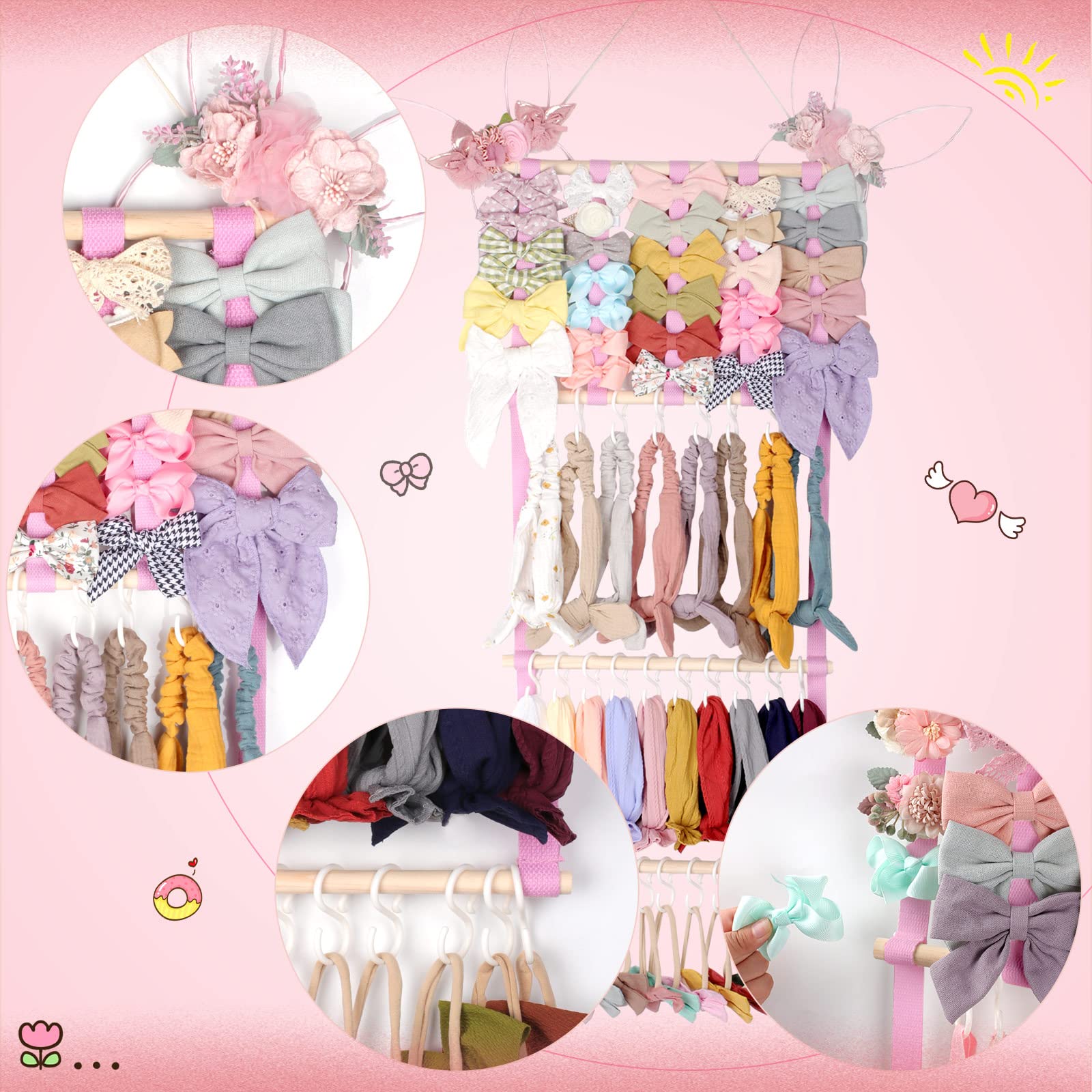 POVETIRE Headband Holder Hair Bows Organizer for Girls, Baby Headbands Hair Accessories Organizer Storage Wall Hanging Decor for Toddler Girls Room