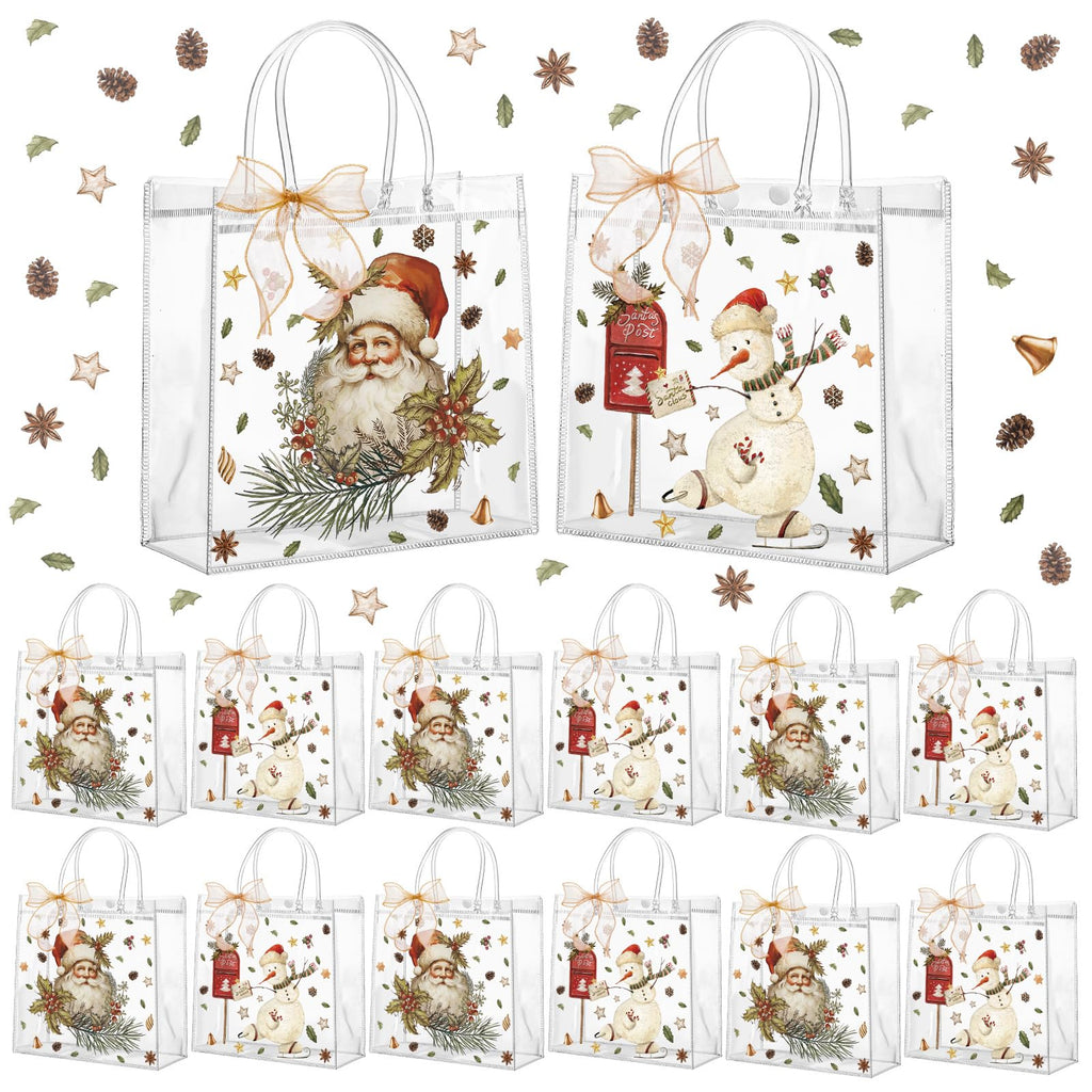 Motipuns 24 Pcs Christmas Clear PVC Gift Bags with Handles and Ribbon African American Black Santa Claus Party Favor Reusable Plastic Candy Treat Tote Bags for Merry New year Xmas Birthday Supplies