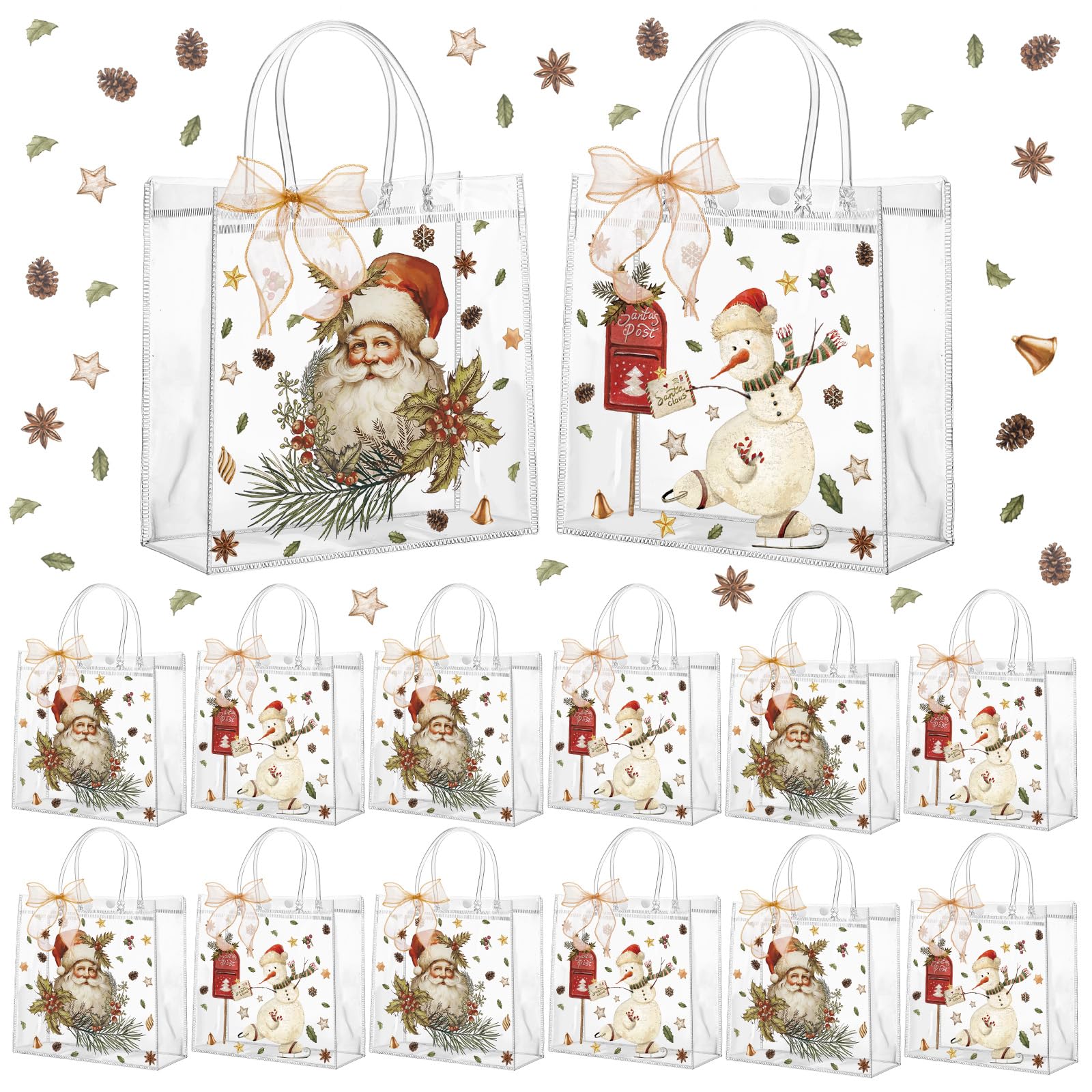Motipuns 24 Pcs Christmas Clear PVC Gift Bags with Handles and Ribbon African American Black Santa Claus Party Favor Reusable Plastic Candy Treat Tote Bags for Merry New year Xmas Birthday Supplies
