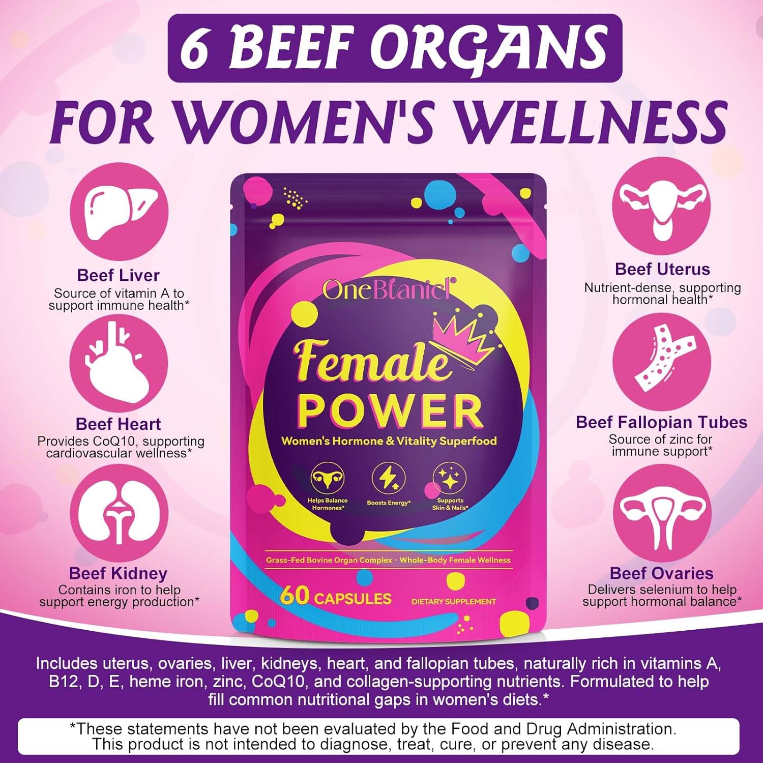 Beef Organ Supplement for Women with Beef Liver, Kidney, Heart and Uterus Tissue, Supports Women's Overall Wellness, Hormone Balance, Energy, Skin Health, 100% Grass Fed, Non-GMO, 60 Capsules