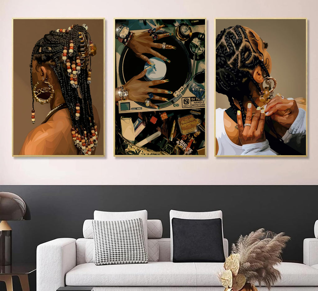 3Pcs Black Woman Canvas Wall art Boho Fashion Black Girl Painting Picture Wall Decor Abstract African American Poster Print Artwork for Living Room Bedroom Office Home Decoration,16x24in Canvas
