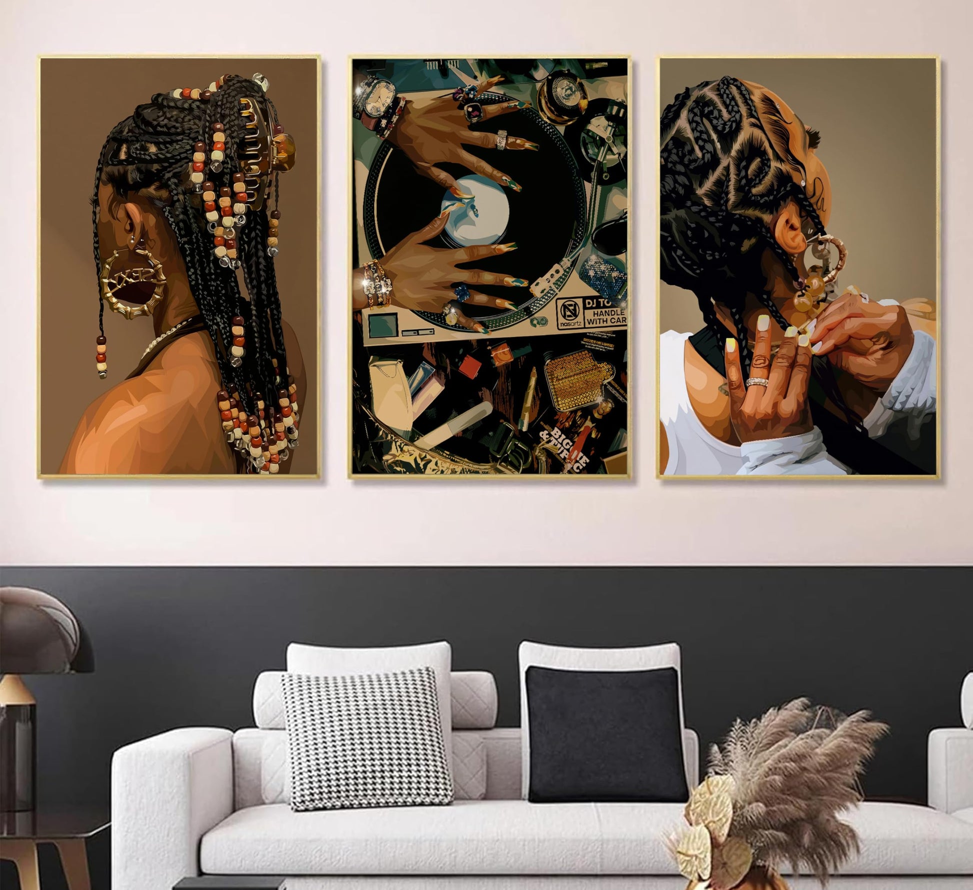 3Pcs Black Woman Canvas Wall art Boho Fashion Black Girl Painting Picture Wall Decor Abstract African American Poster Print Artwork for Living Room Bedroom Office Home Decoration,16x24in Canvas