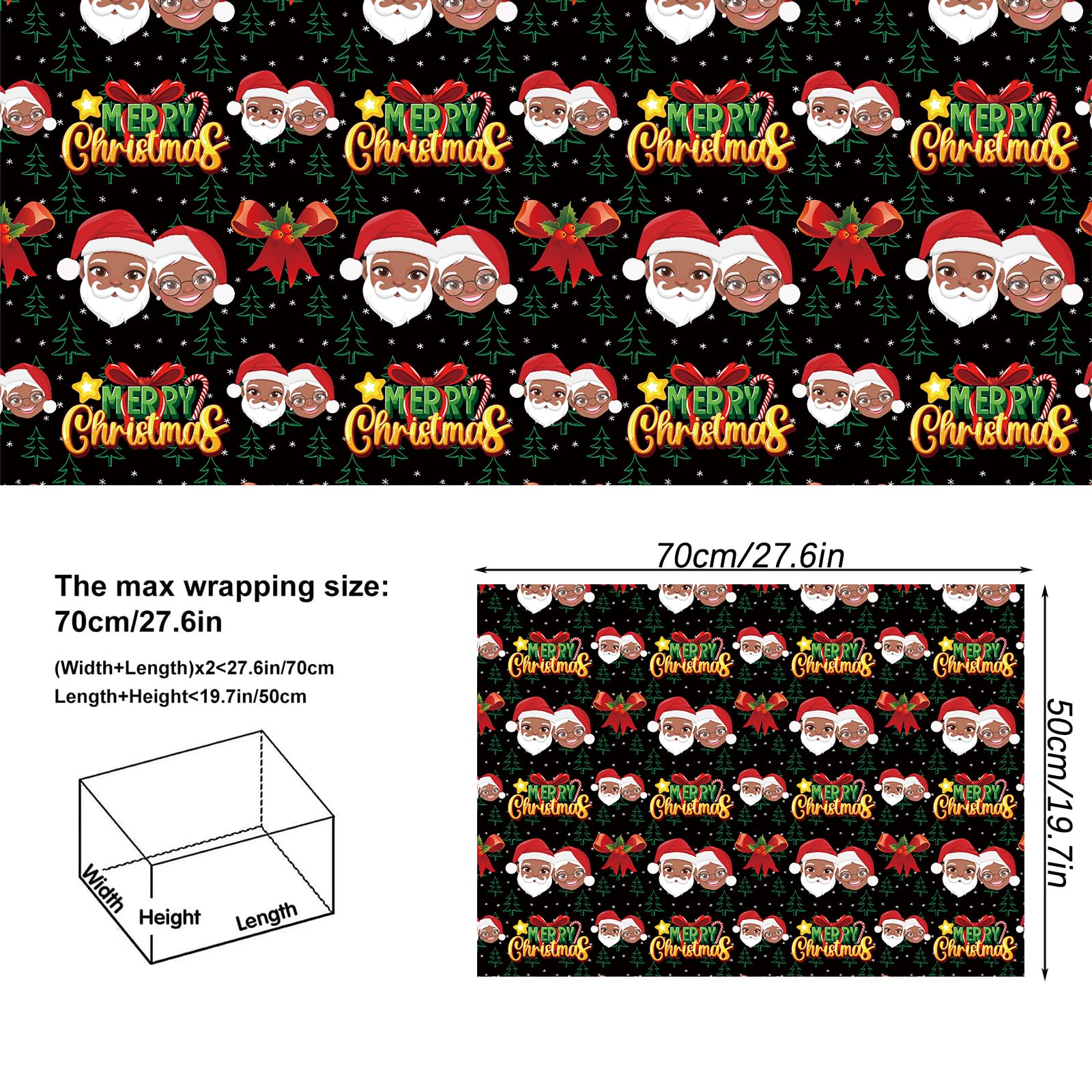 Vnaaem African American Christmas Wrapping Paper Black Holiday Style Gift Wrap Paper Bulk Santa Angel Merry Christmas Element Dsign for Boys Girls Family - 20 X 28 Inches 8 Folded Sheets