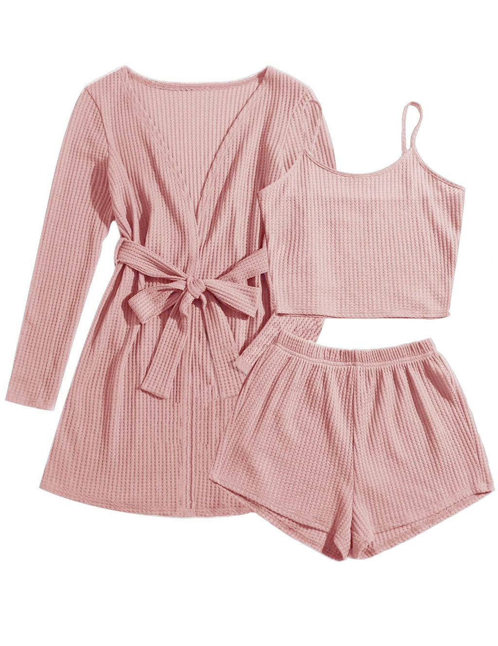 Ekouaer Womens 3 Piece Waffle Knit Lounge Set Soft Pajama Sets Tank Top and Shorts Cardigan with Pockets S-XXL