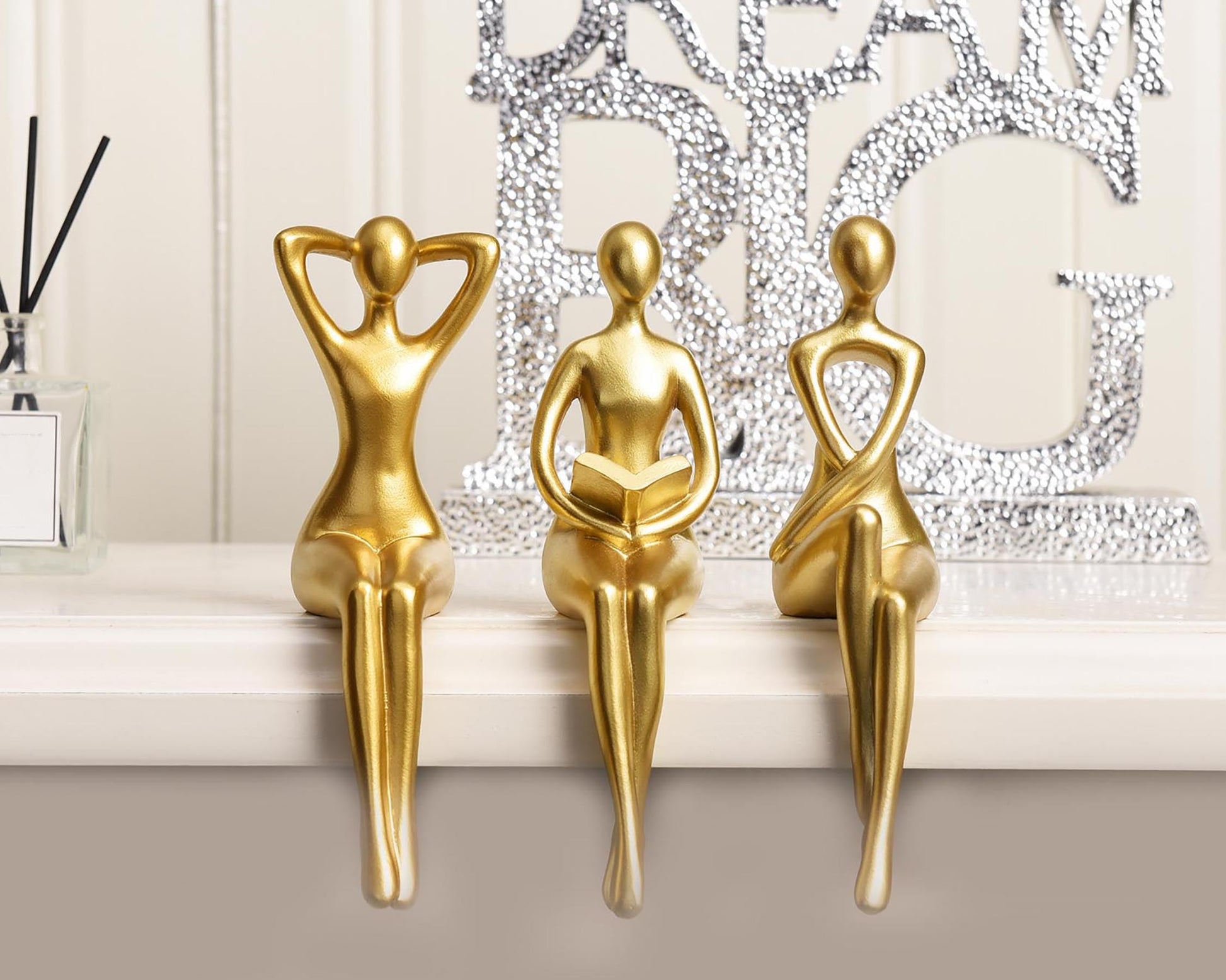 Quoowiit Gold Decor Thinker Statue Decor Book Shelf Decor, Abstract Statue Ornament Office Decor Modern Home Decor Decorations for Living Room Collectable Figurines Coffee Table Decor 3 Piece