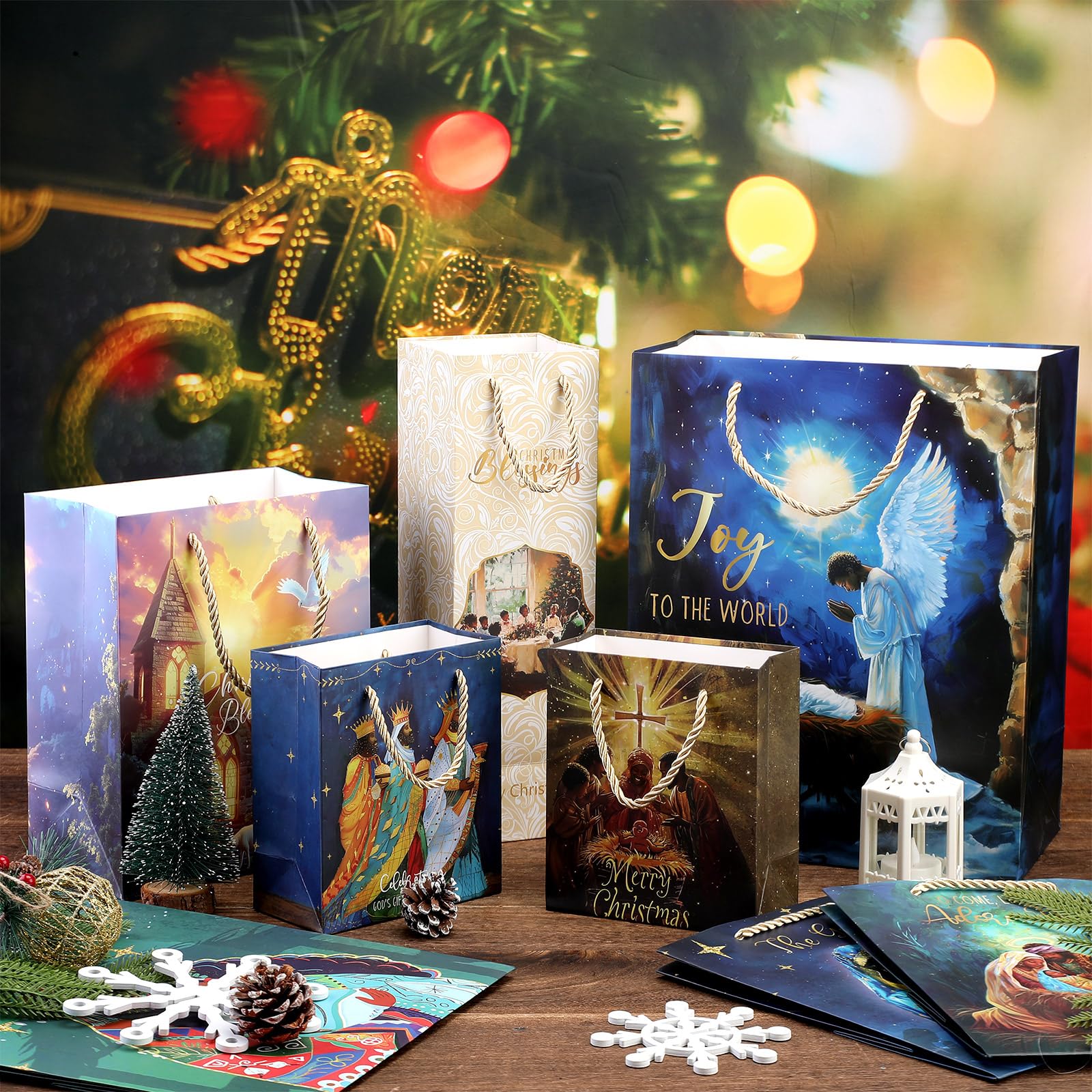 Kolldenn 24 Pack African American Religious Christmas Gift Bags Assorted Size Black Jesus Nativity Scene Paper Goodie Treat Wrapping Bags with Handle for Xmas Holiday Party Favors