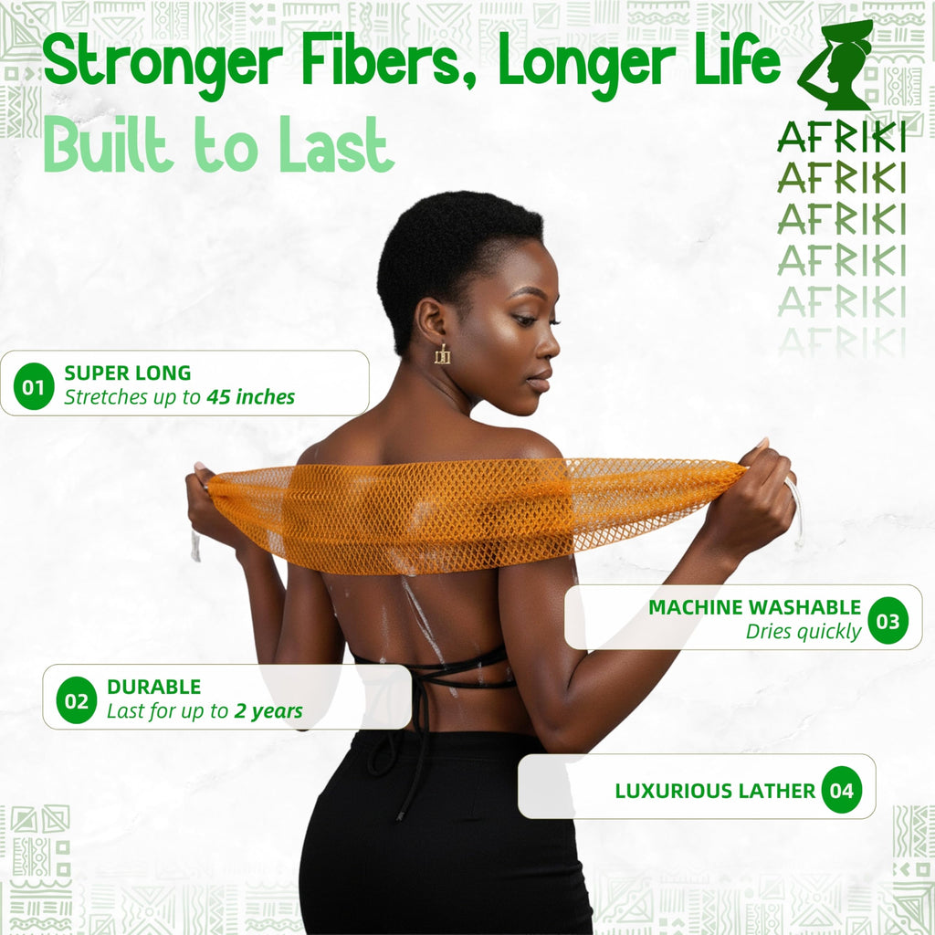 AFRIKI African Net Sponge – Exfoliating Body Scrubber, Black Owned & Rooted in Africa, All Skin Types | 45 in Long