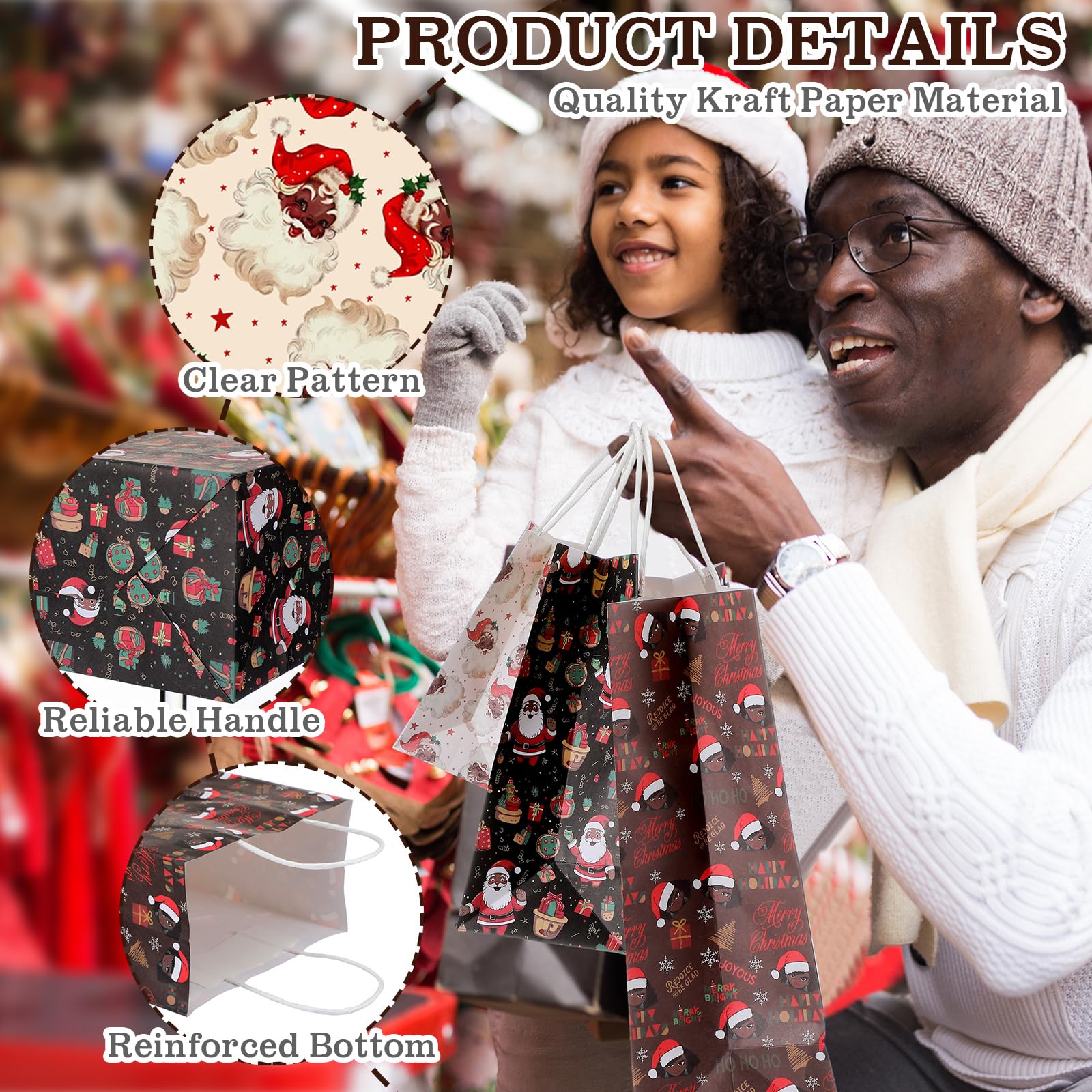 Trandraft 18 Pcs African American Christmas Kraft Gift Bags with Handles Assorted Sizes Black Santa Christmas Gift Paper Bags 6 Styles 3 Sizes Xmas for Favors Wrapping
