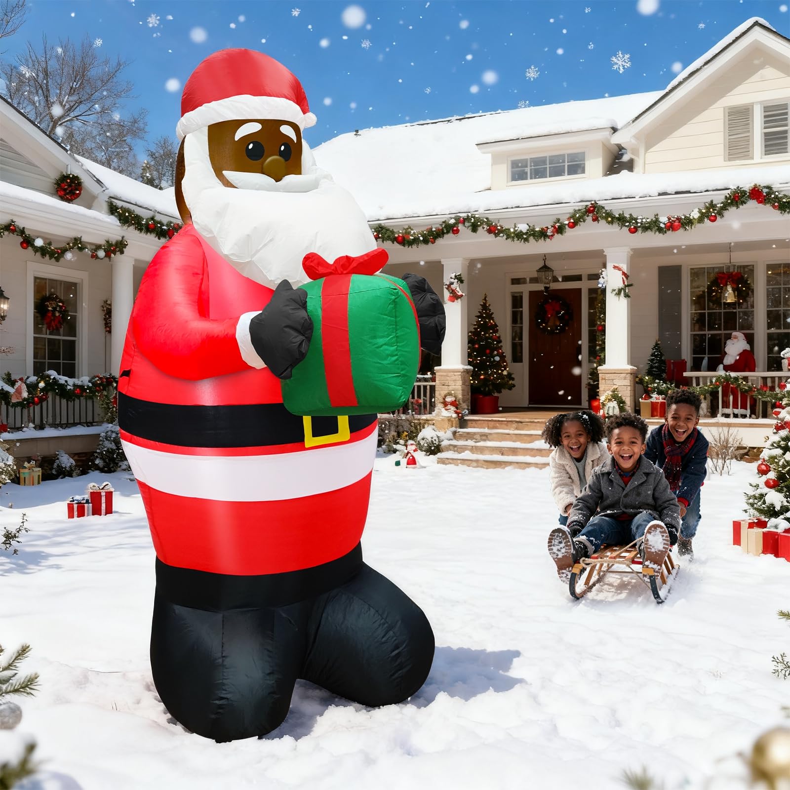 TURNMEON 6Ft Black Santa Claus Inflatables Christmas Decorations Outdoor African American Hold Gift Box LED Lights Blow Up Yard Decorations for Holiday Xmas Decor Outside Lawn Yard Garden Party