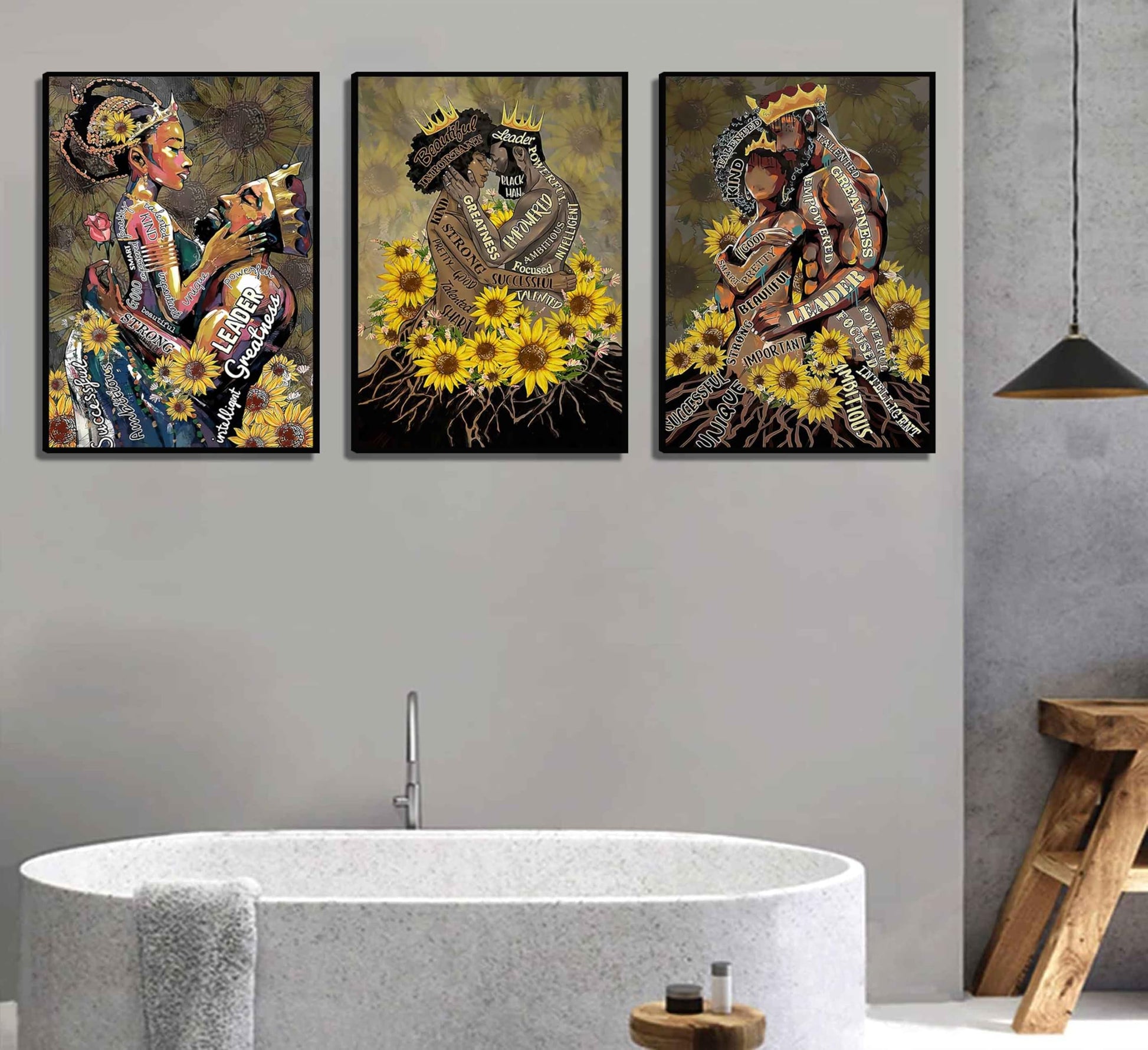 WSTUKVV 3Pcs Black Girl Bathroom Wall Art Boho Black Woman Posters Pictures African American Canvas Prints Fashion Abstract Paintings For Bathroom Home Bedroom Living Room Wall Decor Frame